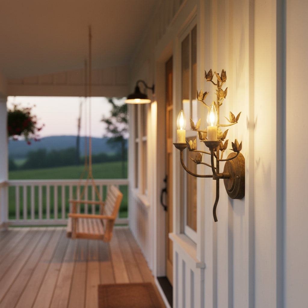Front view of the two-headed sculptural iron branch wall lamp.