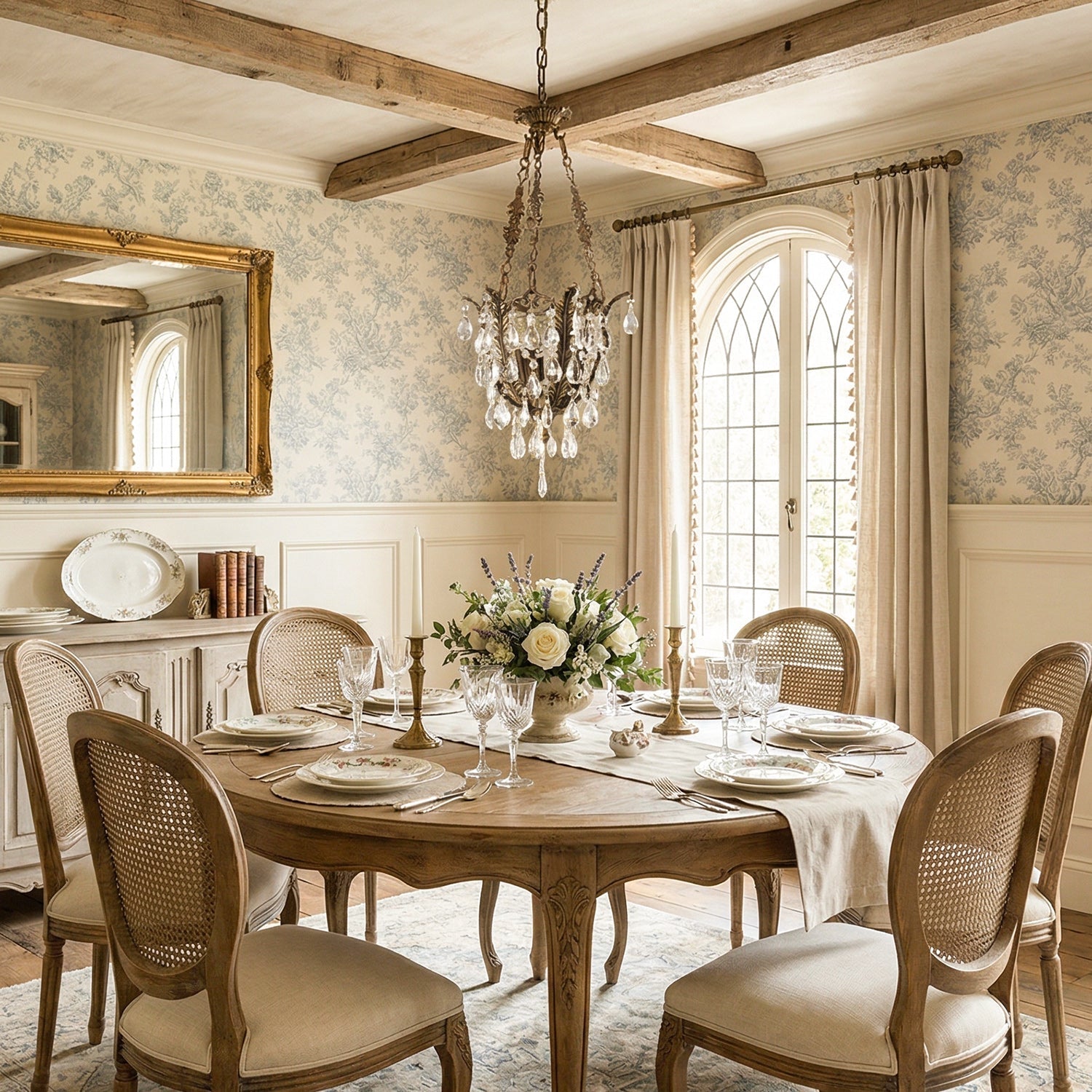 Side profile of the antique brass and crystal chandelier.