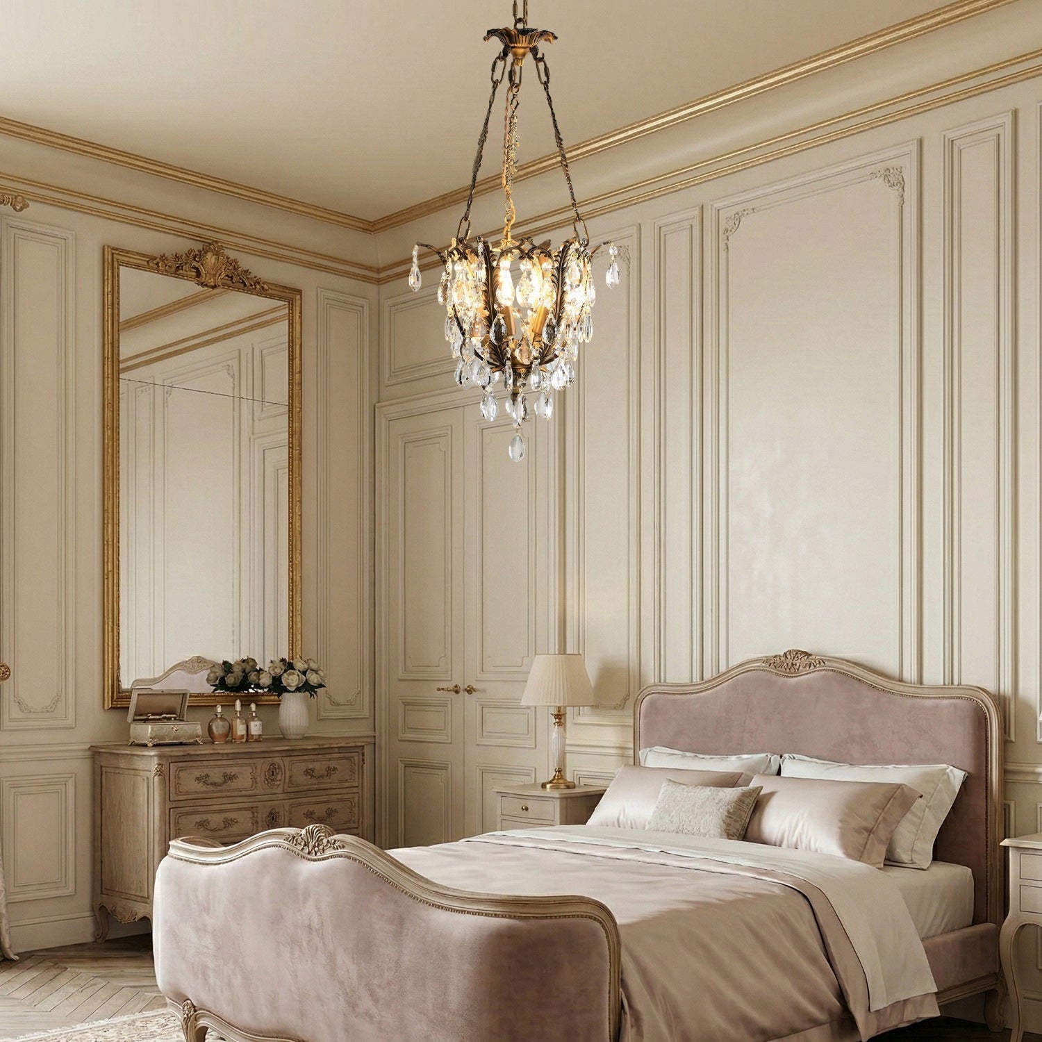 The chandelier hanging in a sophisticated living room setting.