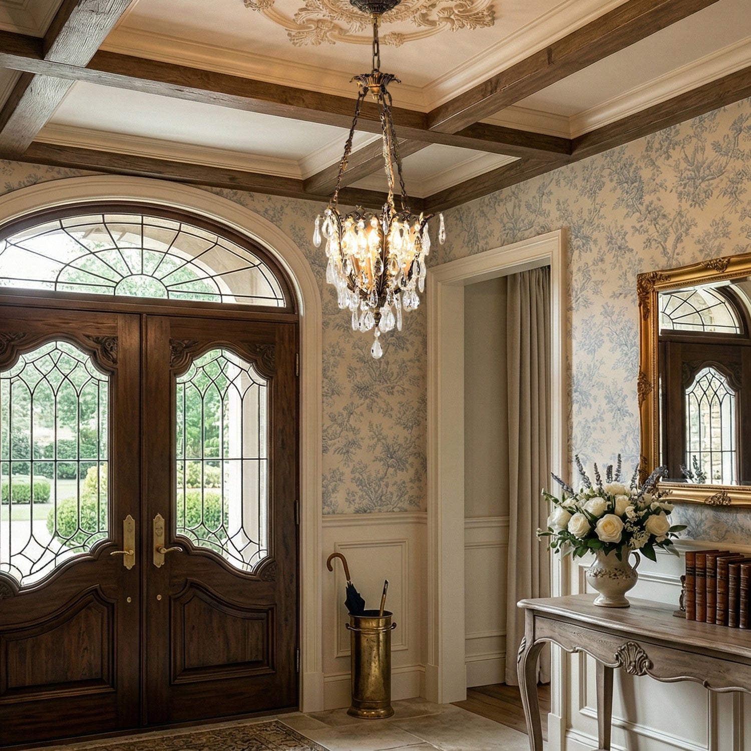 Full view of the chandelier including its hanging chain.