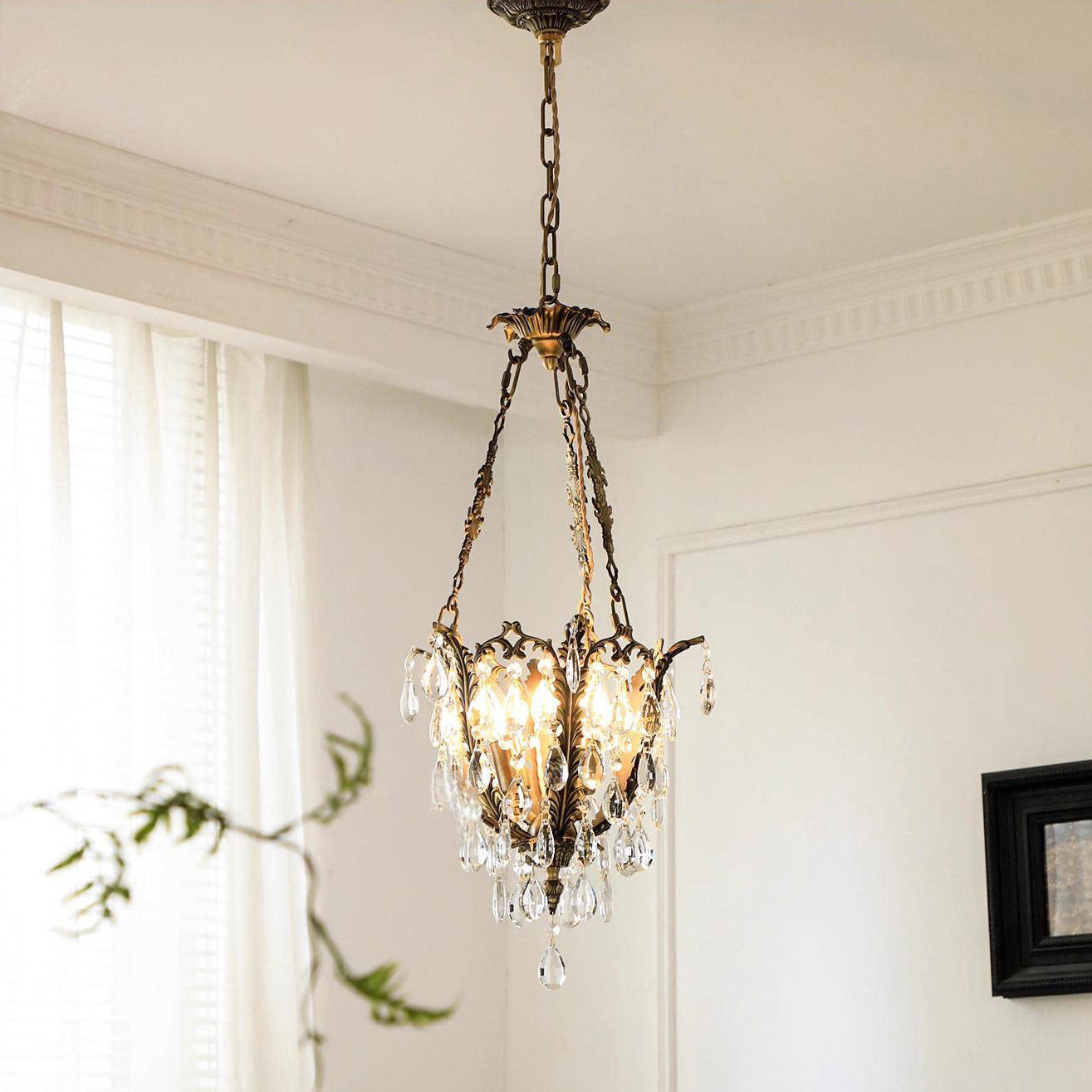 Close-up view of the intricate crystal details on the Filegray Chandelier.