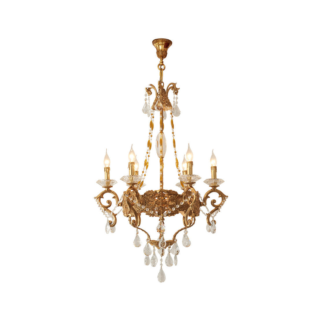 Filmore Chandelier with brass body and crystal decorations.
