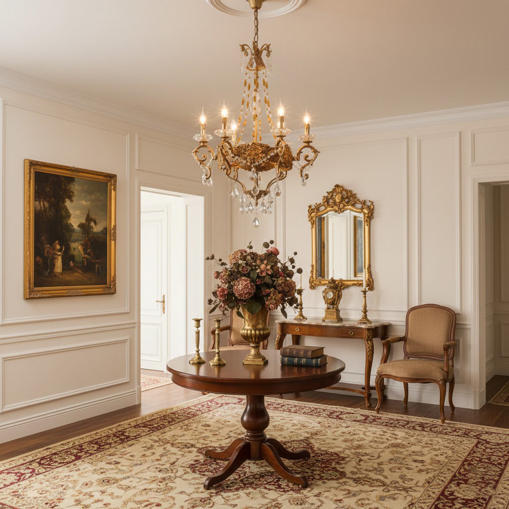 Angled view of the Filmore Chandelier showcasing its six arms.