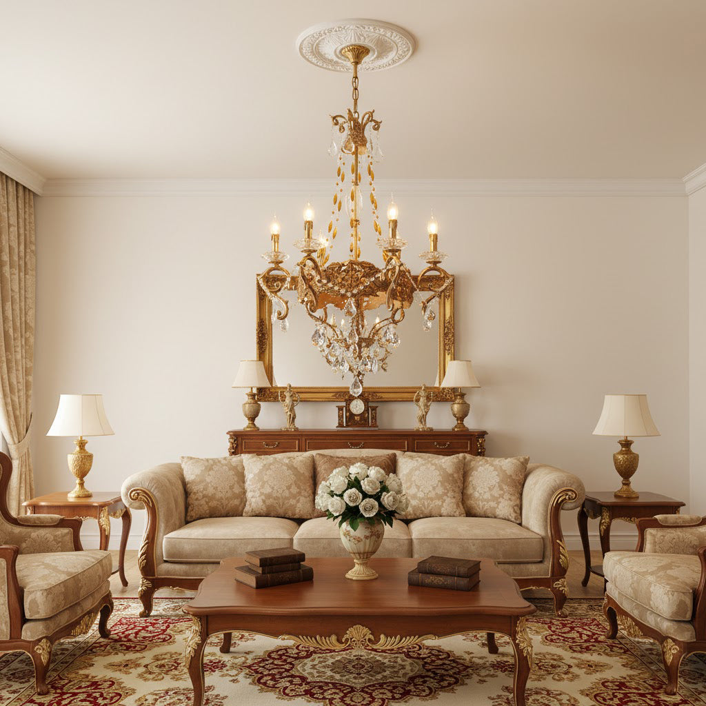 Detail shot of the lustrous brass finish on the chandelier frame.