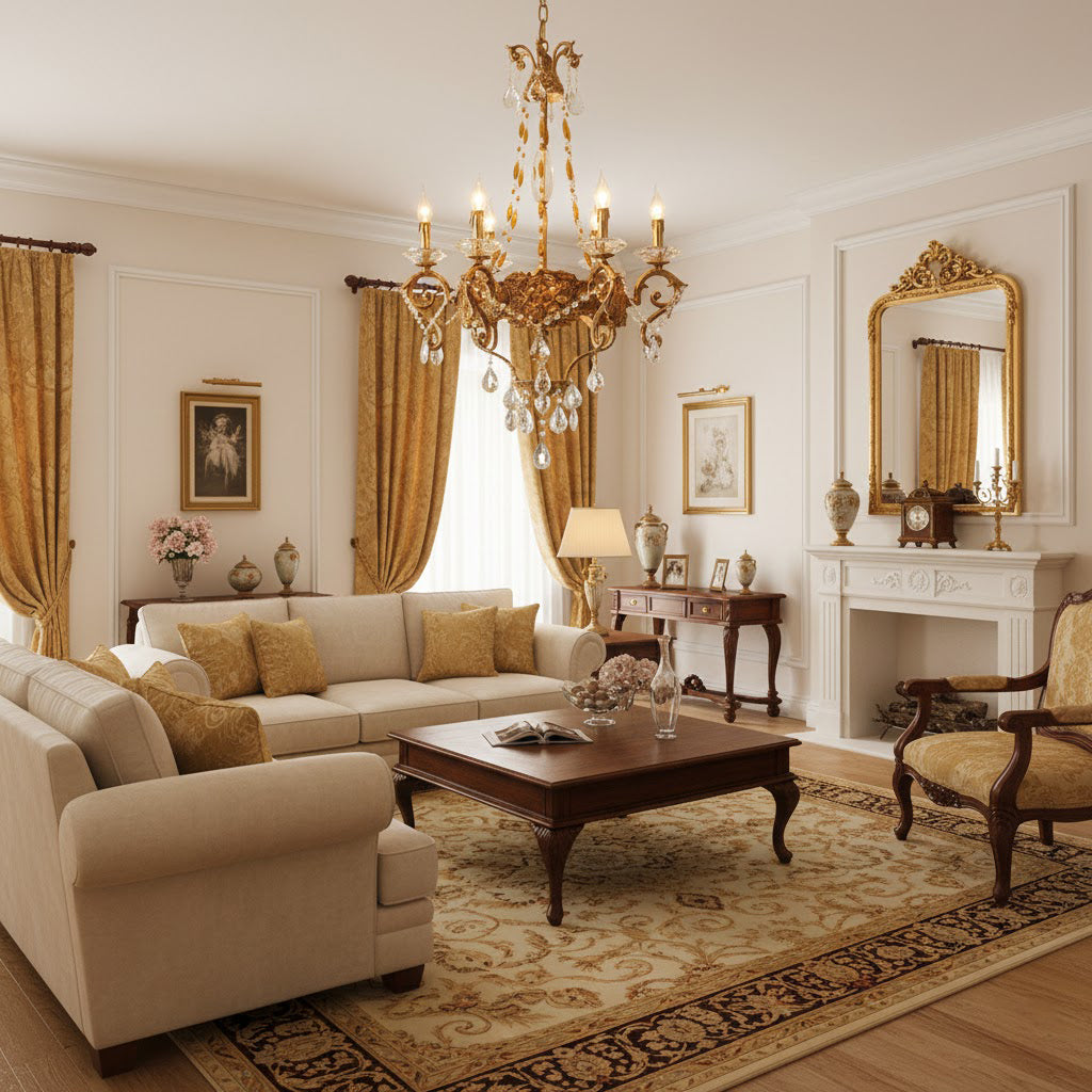 The Filmore Chandelier illuminated in a dark room, casting a warm glow.