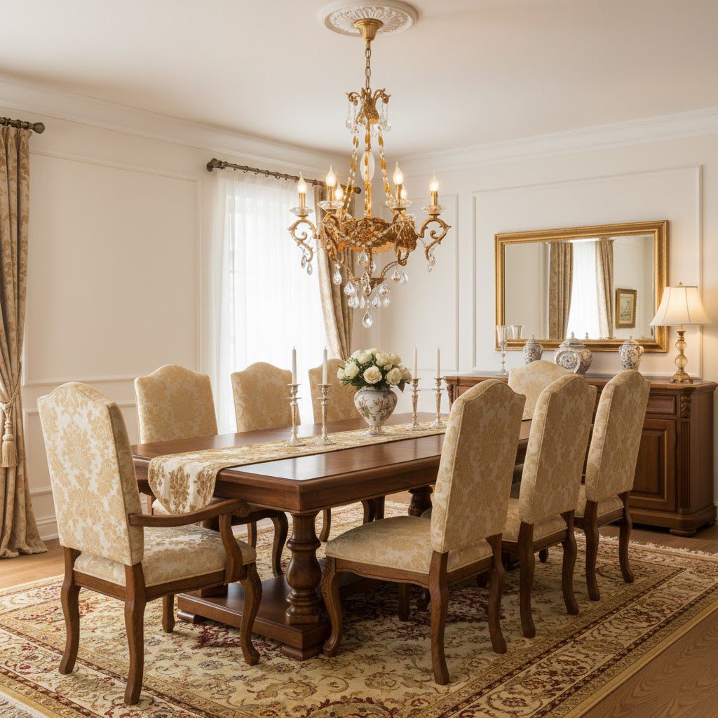 Filmore Chandelier hanging in a sophisticated living room setting.