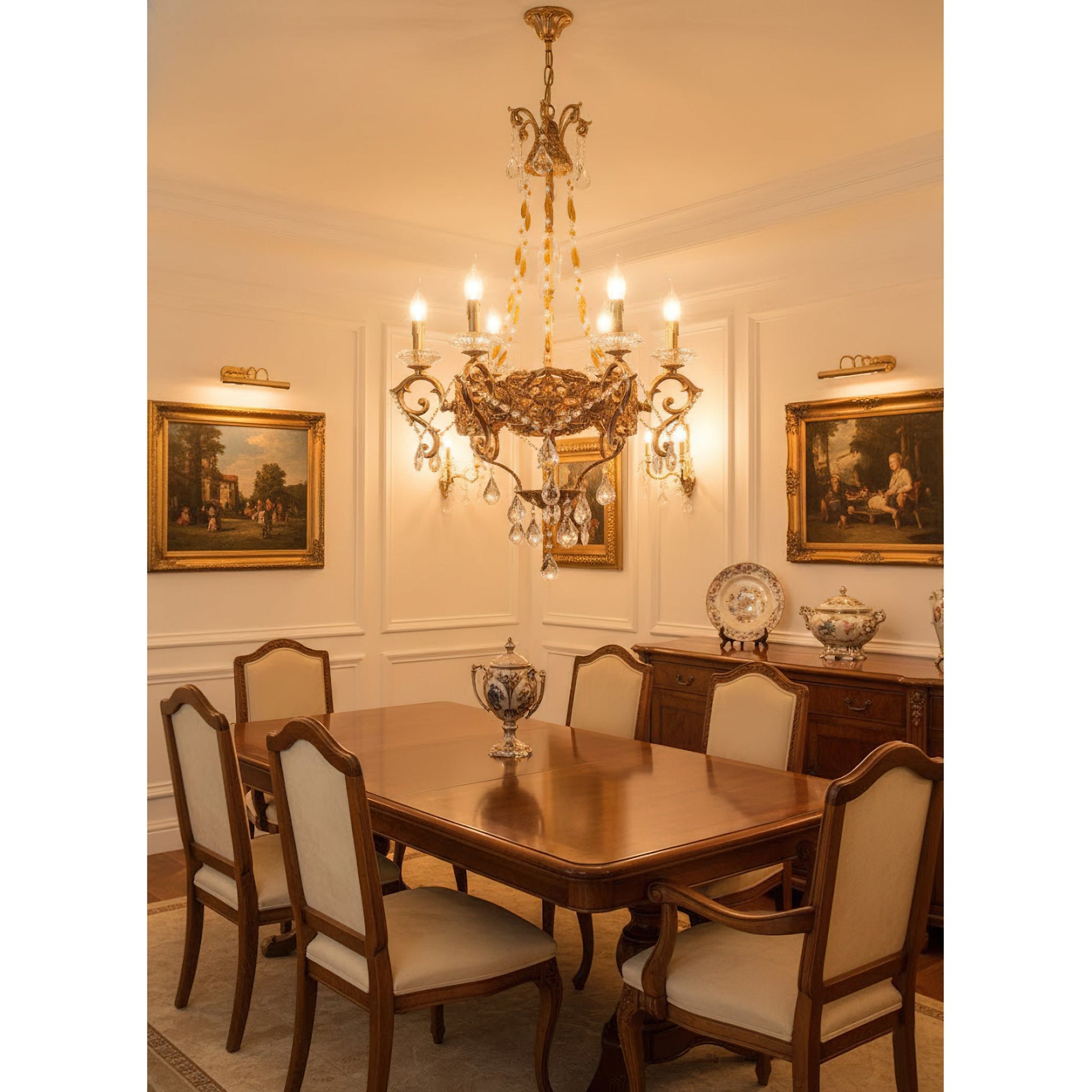 Side profile of the Filmore Chandelier showing its full height and chain.