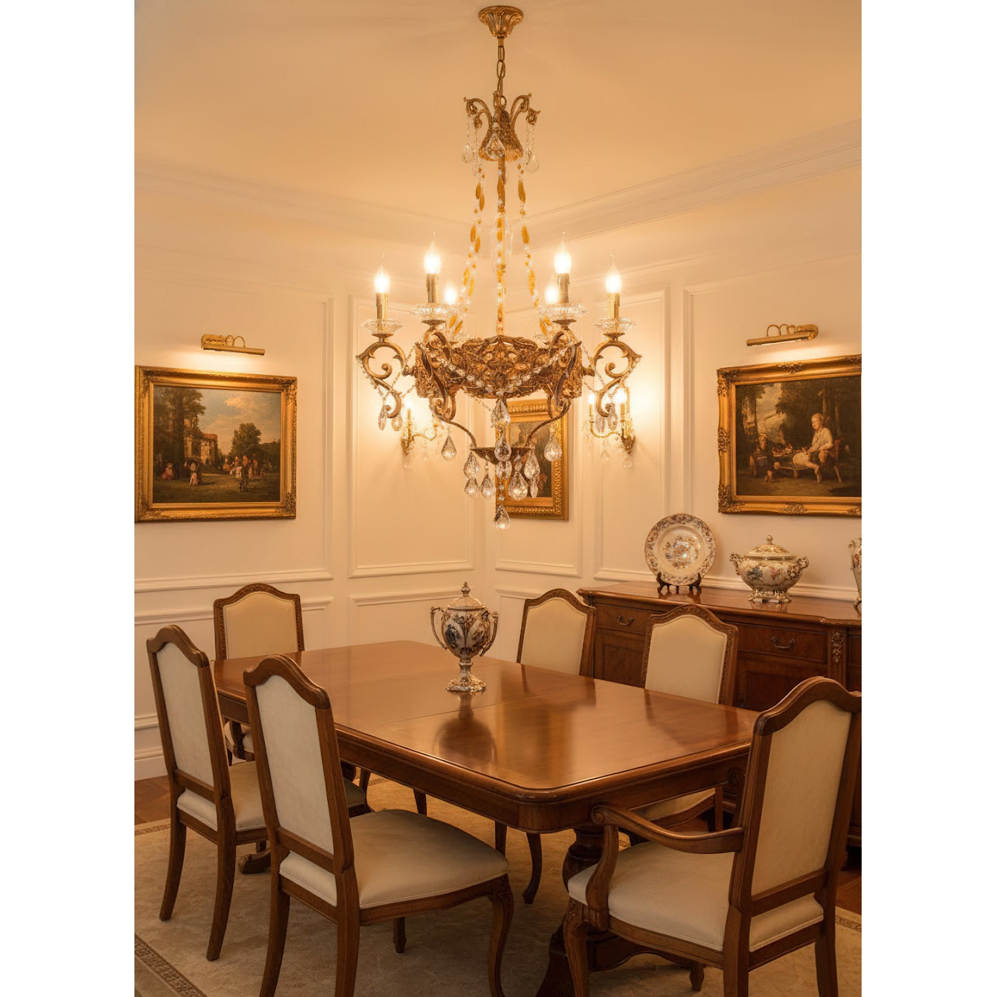 Side profile of the Filmore Chandelier showing its full height and chain.