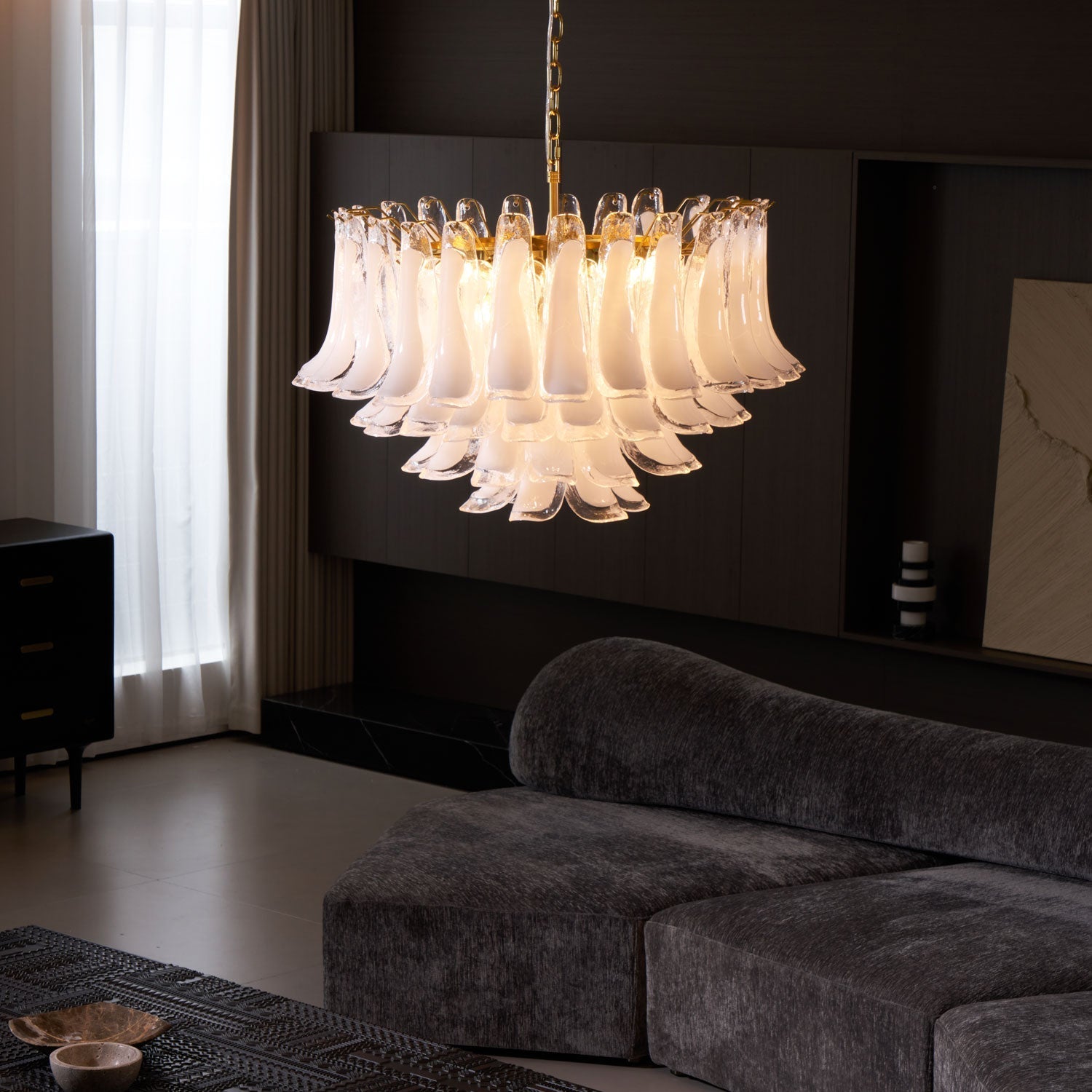 Aurora Chandelier Pink Glass Leaf Layered Floral Glamour-Neutral Decor