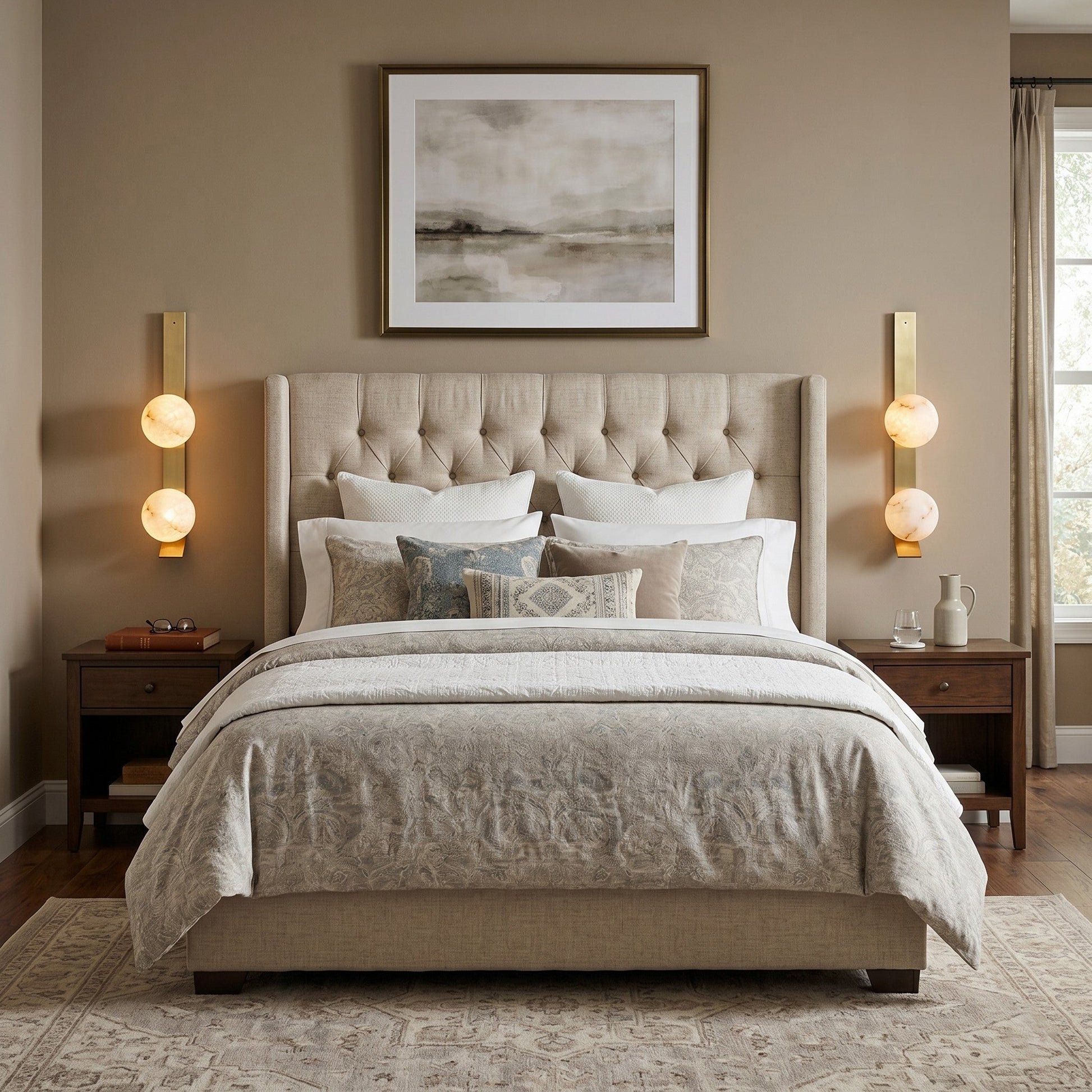 Fizi Alabaster Wall Sconce shown in a modern living room setting.