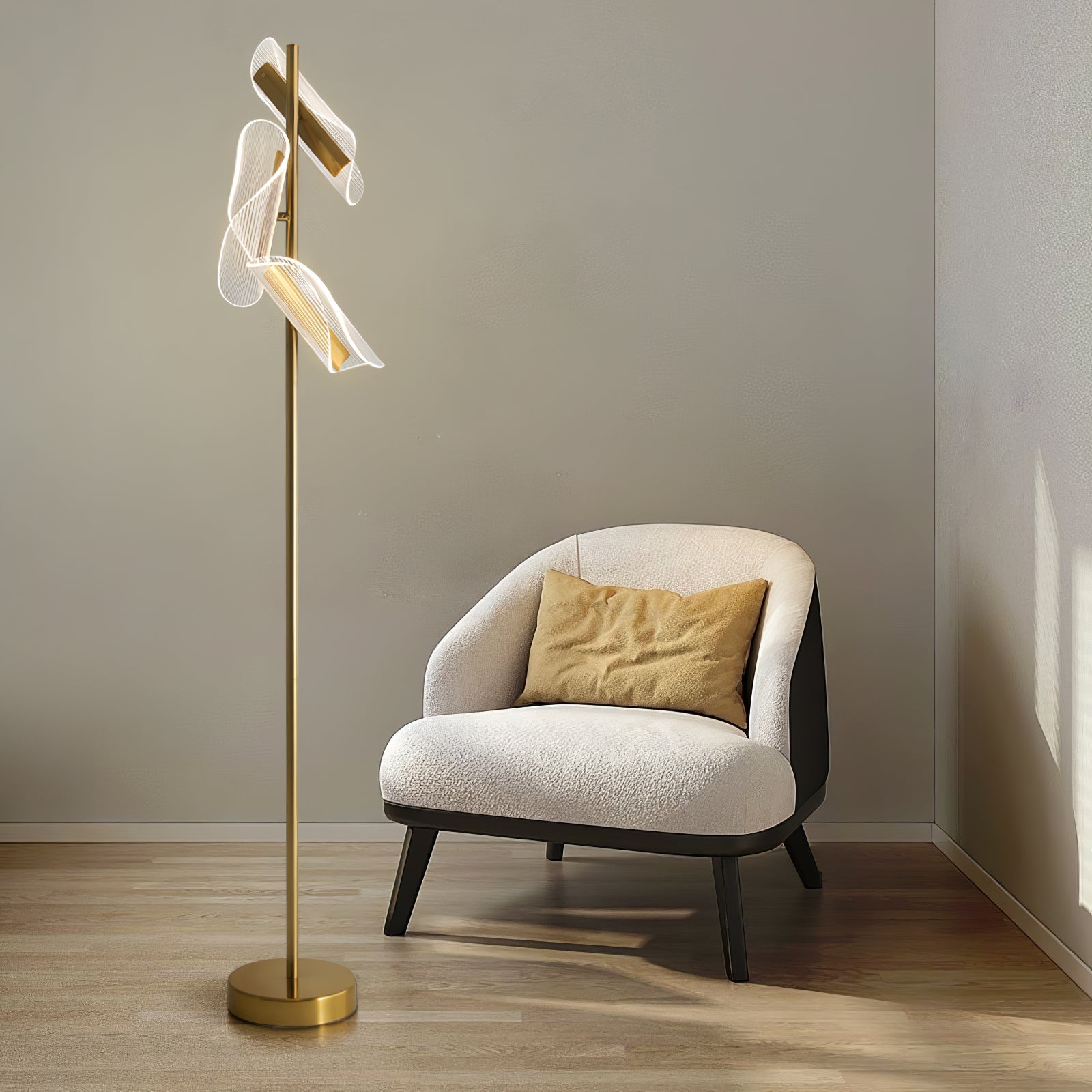 Salgado Floor Lamp Waves/3 Heads Modern, Acrylic, Gold/White, Living Room - Neutral Decor