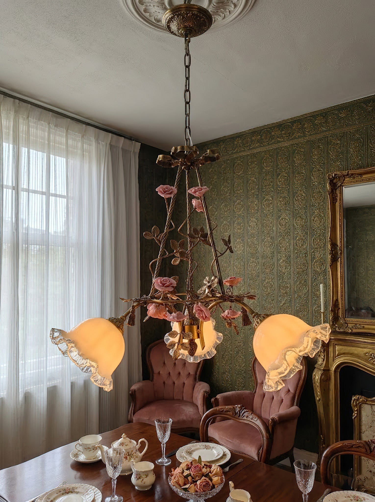 Close-up of the ceramic flower detail on the Flora Blossom Chandelier.