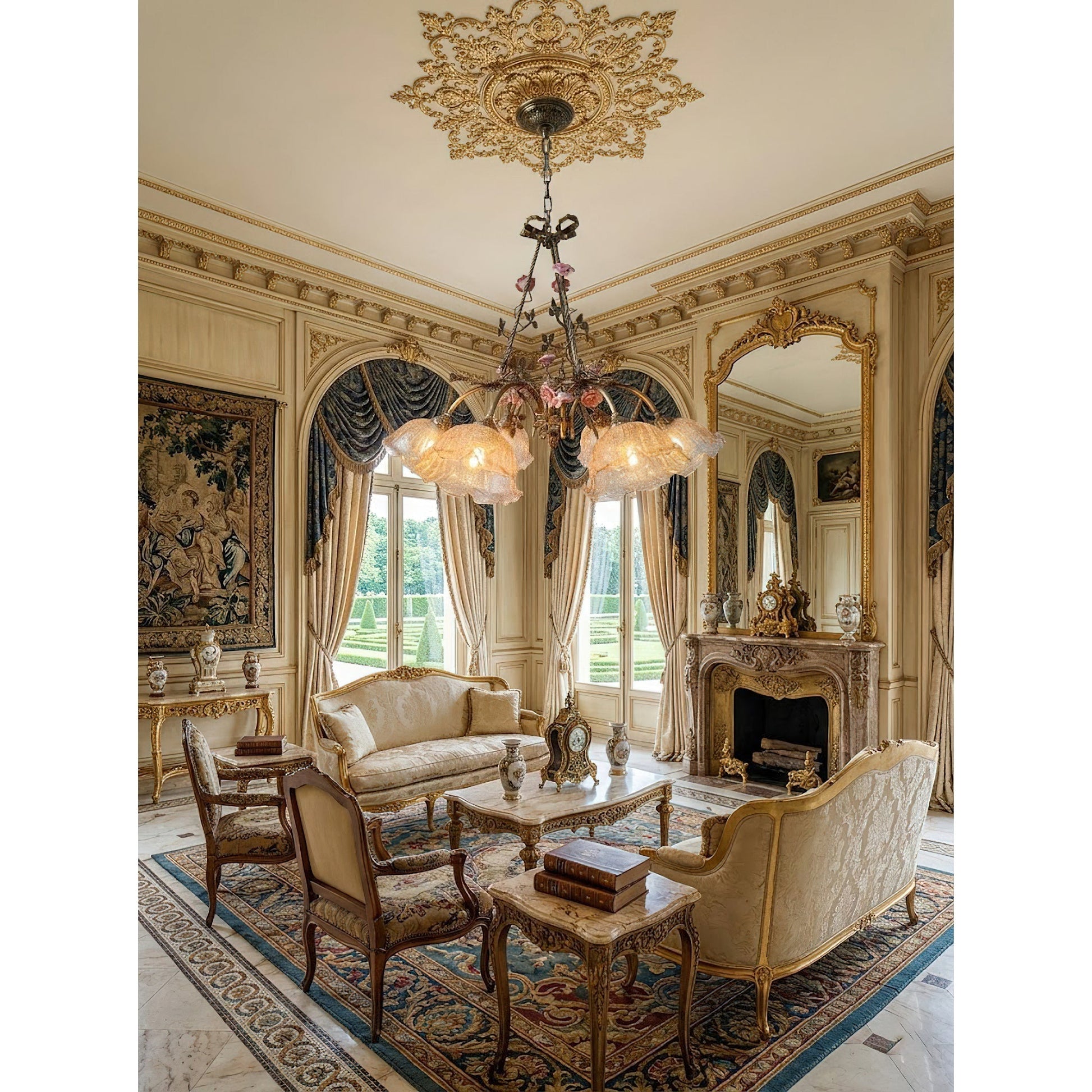 Flora Blossom Chandelier with ceramic flowers and glass shades.