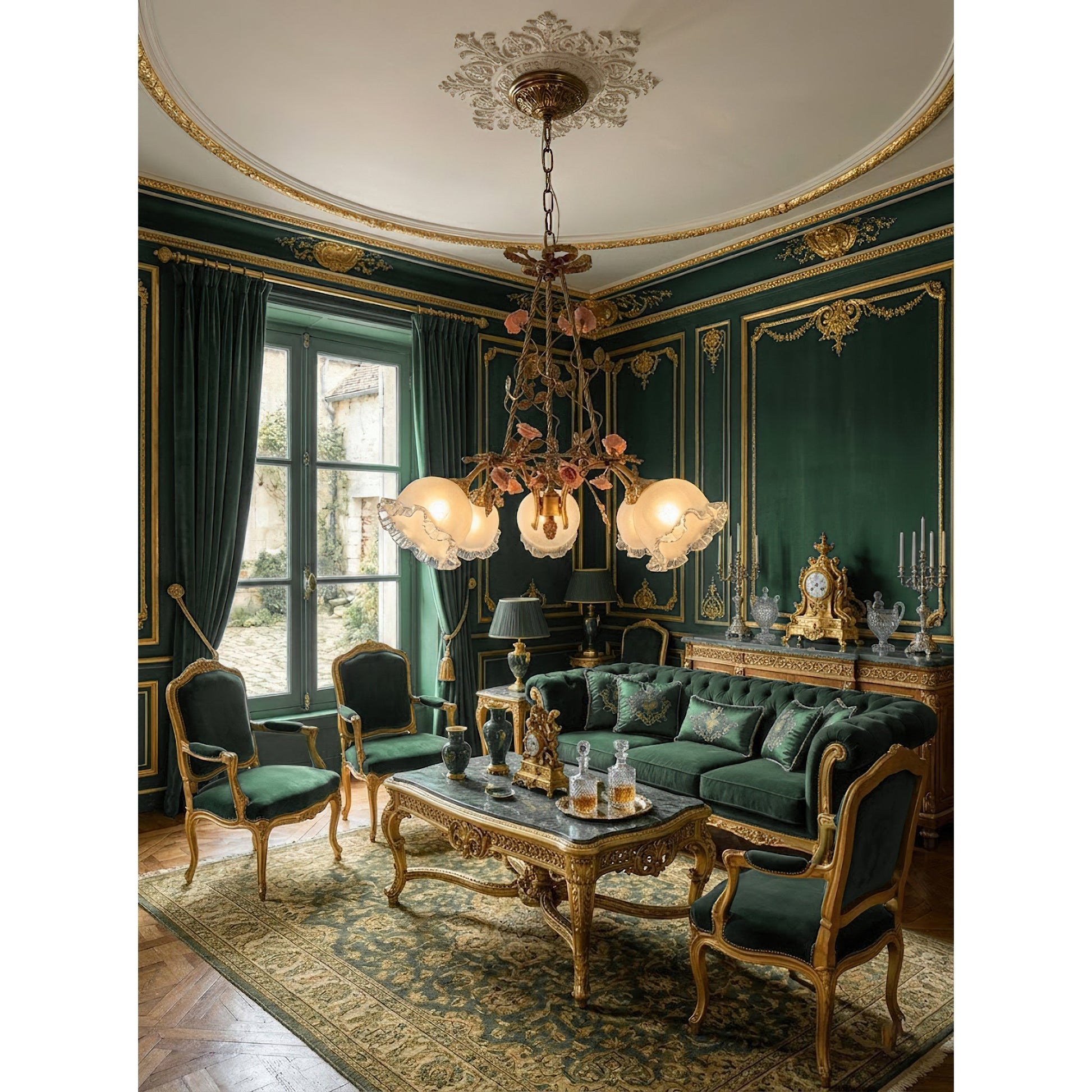 Overhead view of the Flora Blossom Chandelier's canopy and brass body.