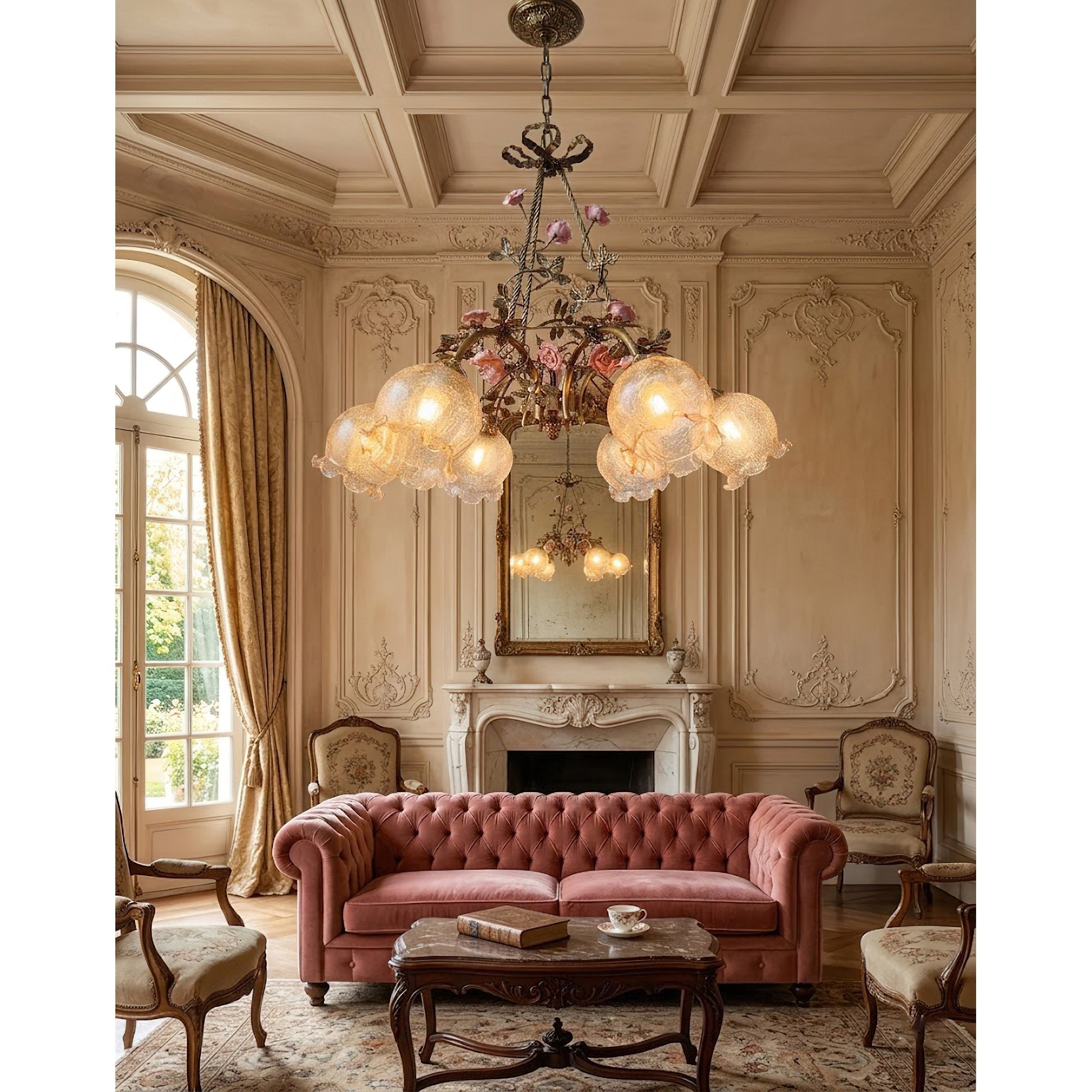 Flora Blossom Chandelier with cognac colored glass shades.