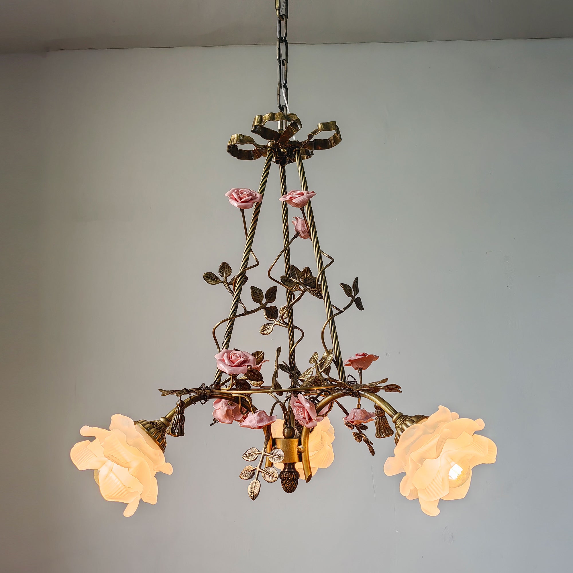 Flora Blossom Chandelier with cognac colored glass shades.