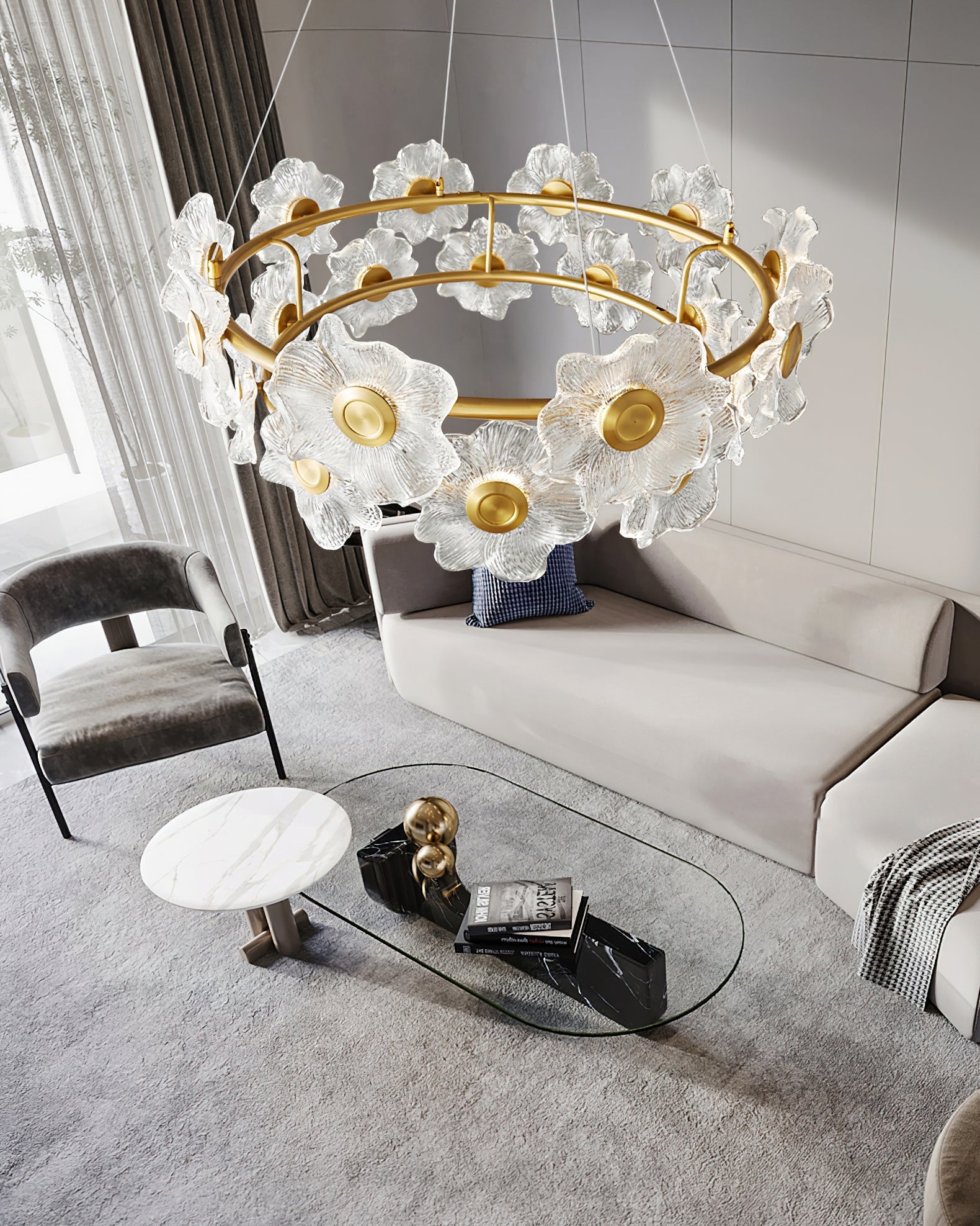 Cemirel Unique Flower Brass Glass Chandelier-Neutral Decor
