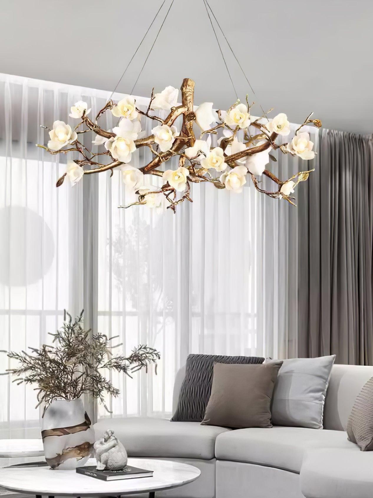 Tominex Postmodern Luxury Flower Bloom Branch Brass Ceramic Chandelier-Neutral Decor