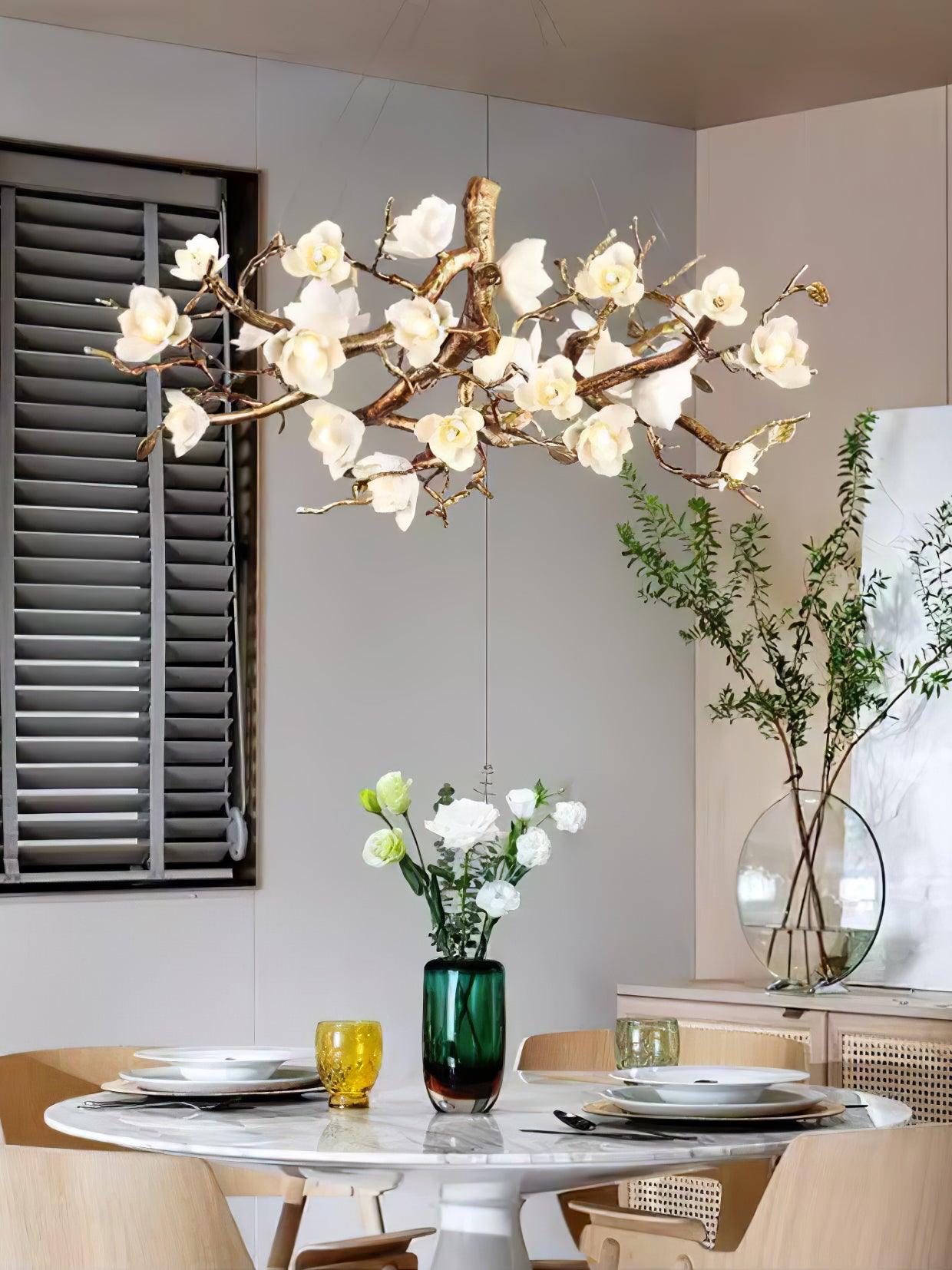 Tominex Postmodern Luxury Flower Bloom Branch Brass Ceramic Chandelier-Neutral Decor