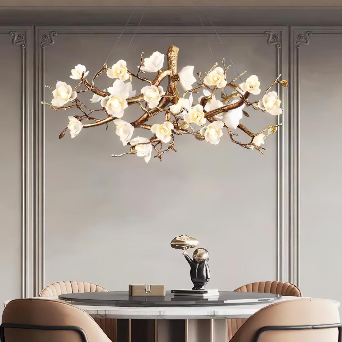 Tominex Postmodern Luxury Flower Bloom Branch Brass Ceramic Chandelier-Neutral Decor