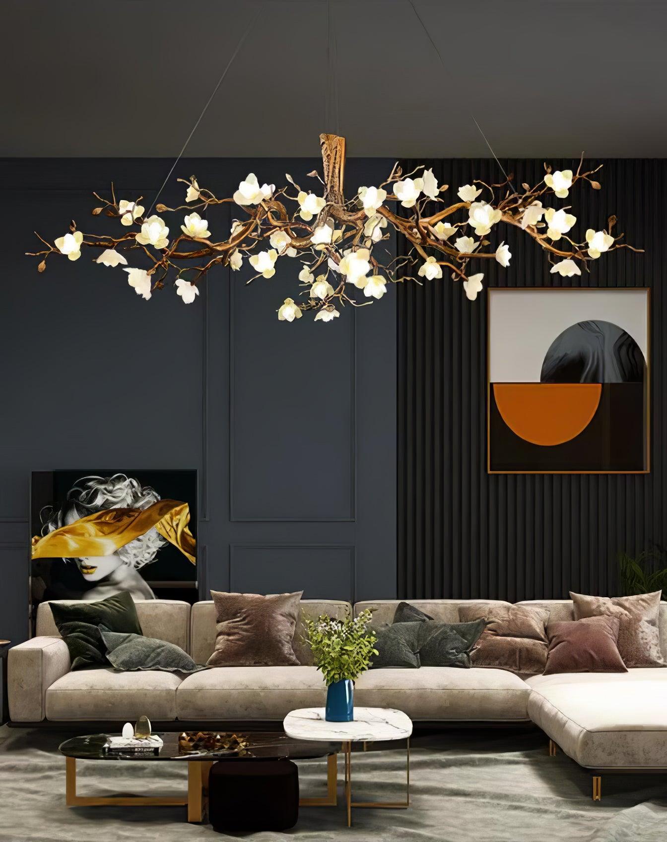 Tominex Postmodern Luxury Flower Bloom Branch Brass Ceramic Chandelier-Neutral Decor