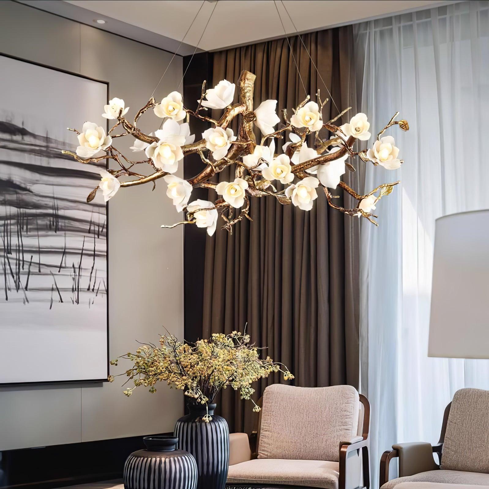 Tominex Postmodern Luxury Flower Bloom Branch Brass Ceramic Chandelier-Neutral Decor