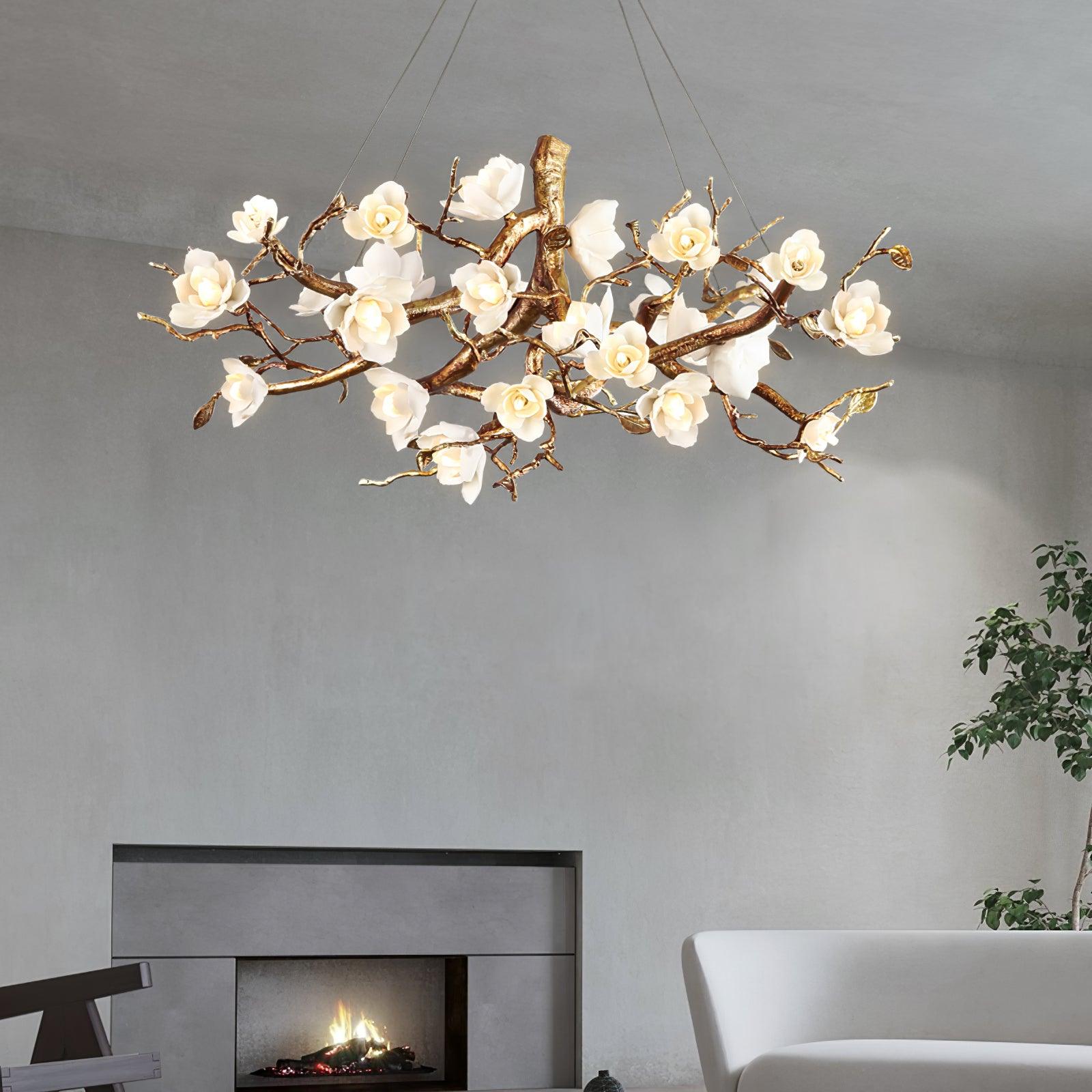Tominex Postmodern Luxury Flower Bloom Branch Brass Ceramic Chandelier-Neutral Decor
