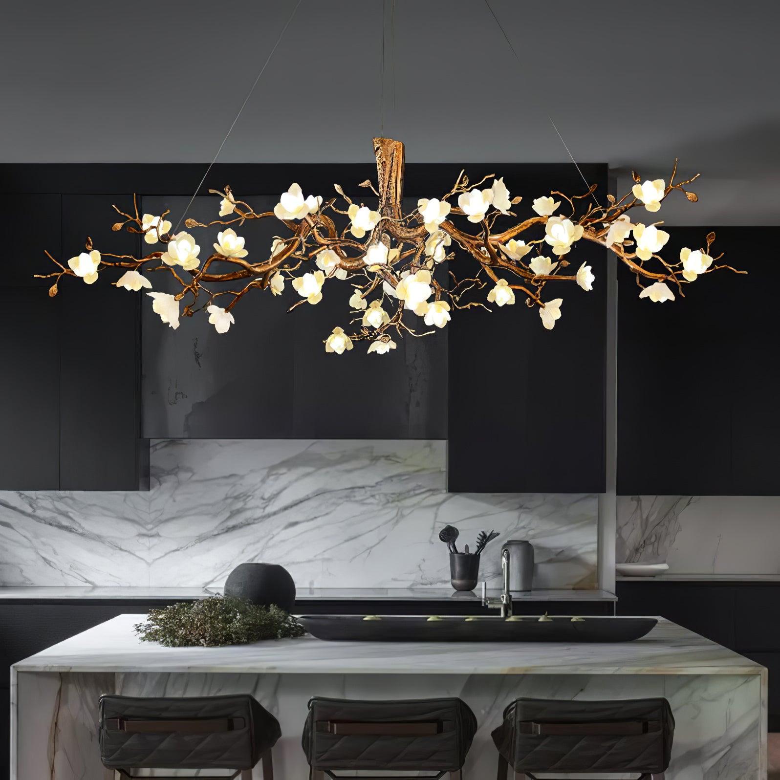 Tominex Postmodern Luxury Flower Bloom Branch Brass Ceramic Chandelier-Neutral Decor