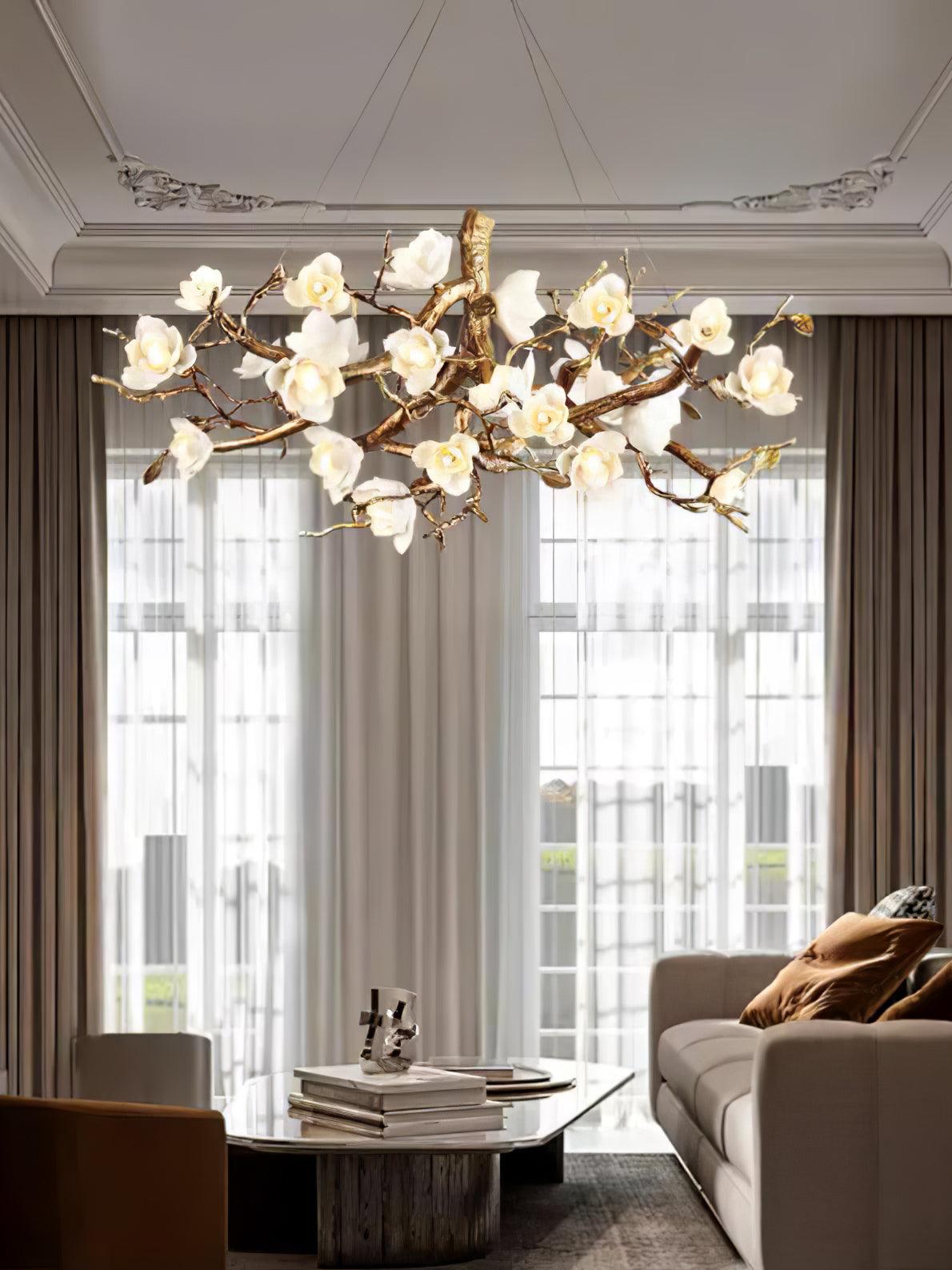 Tominex Postmodern Luxury Flower Bloom Branch Brass Ceramic Chandelier-Neutral Decor
