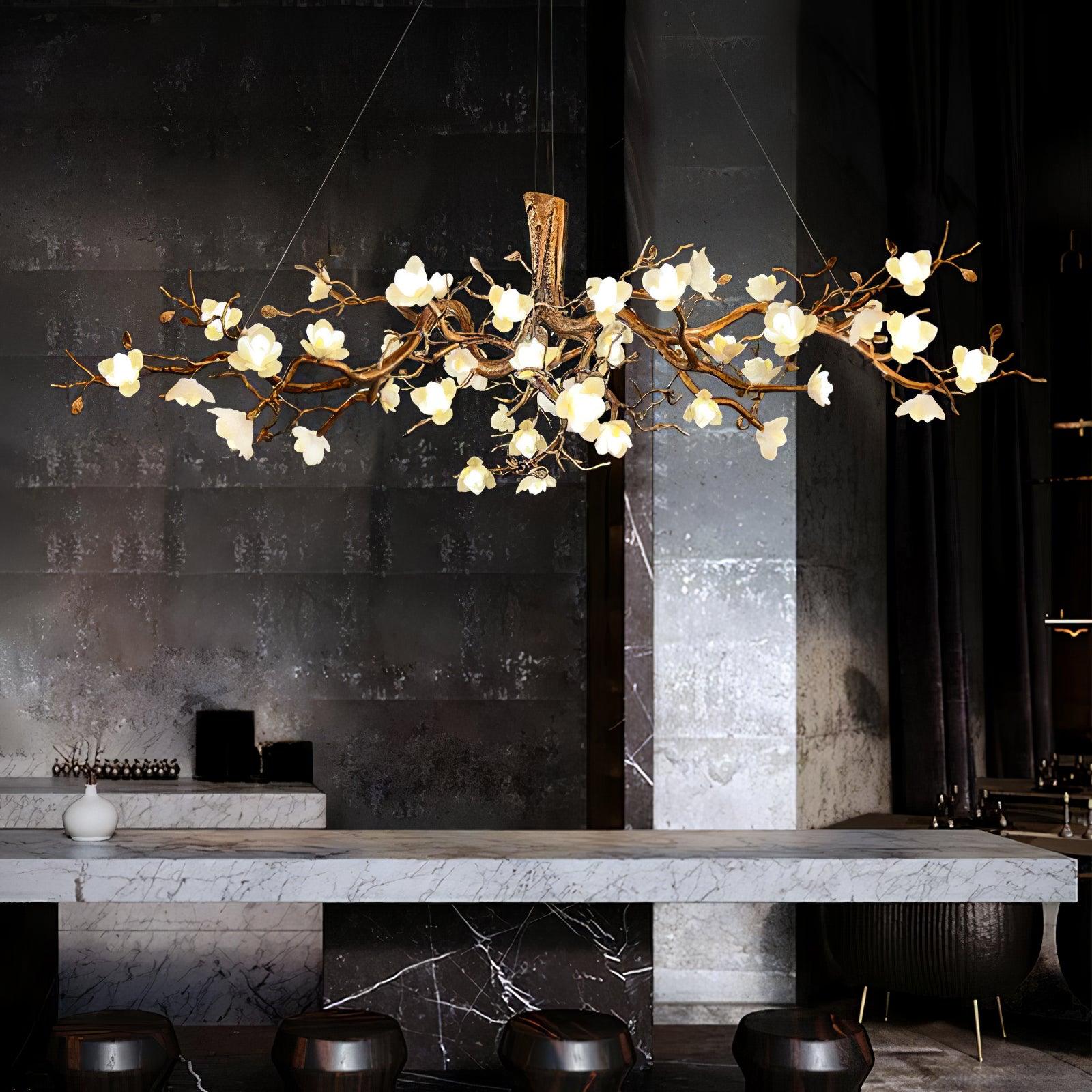 Tominex Postmodern Luxury Flower Bloom Branch Brass Ceramic Chandelier-Neutral Decor