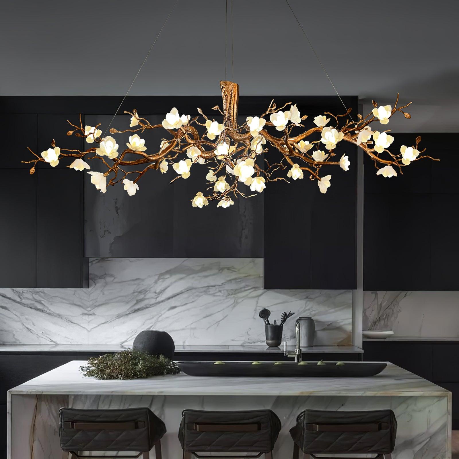 Tominex Postmodern Luxury Flower Bloom Branch Brass Ceramic Chandelier-Neutral Decor