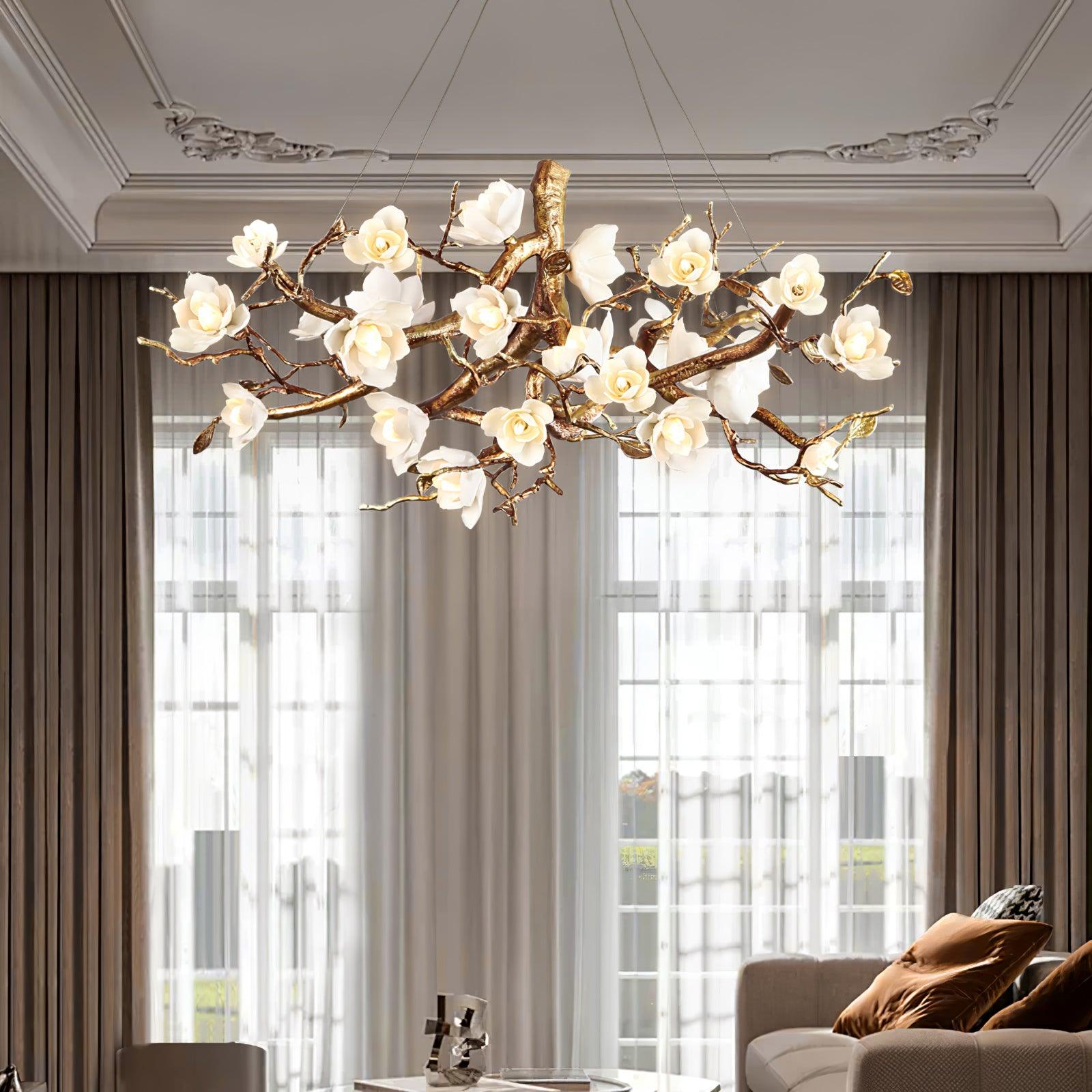 Tominex Postmodern Luxury Flower Bloom Branch Brass Ceramic Chandelier-Neutral Decor