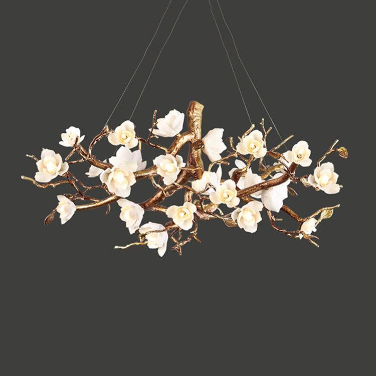 Tominex Postmodern Luxury Flower Bloom Branch Brass Ceramic Chandelier-Neutral Decor