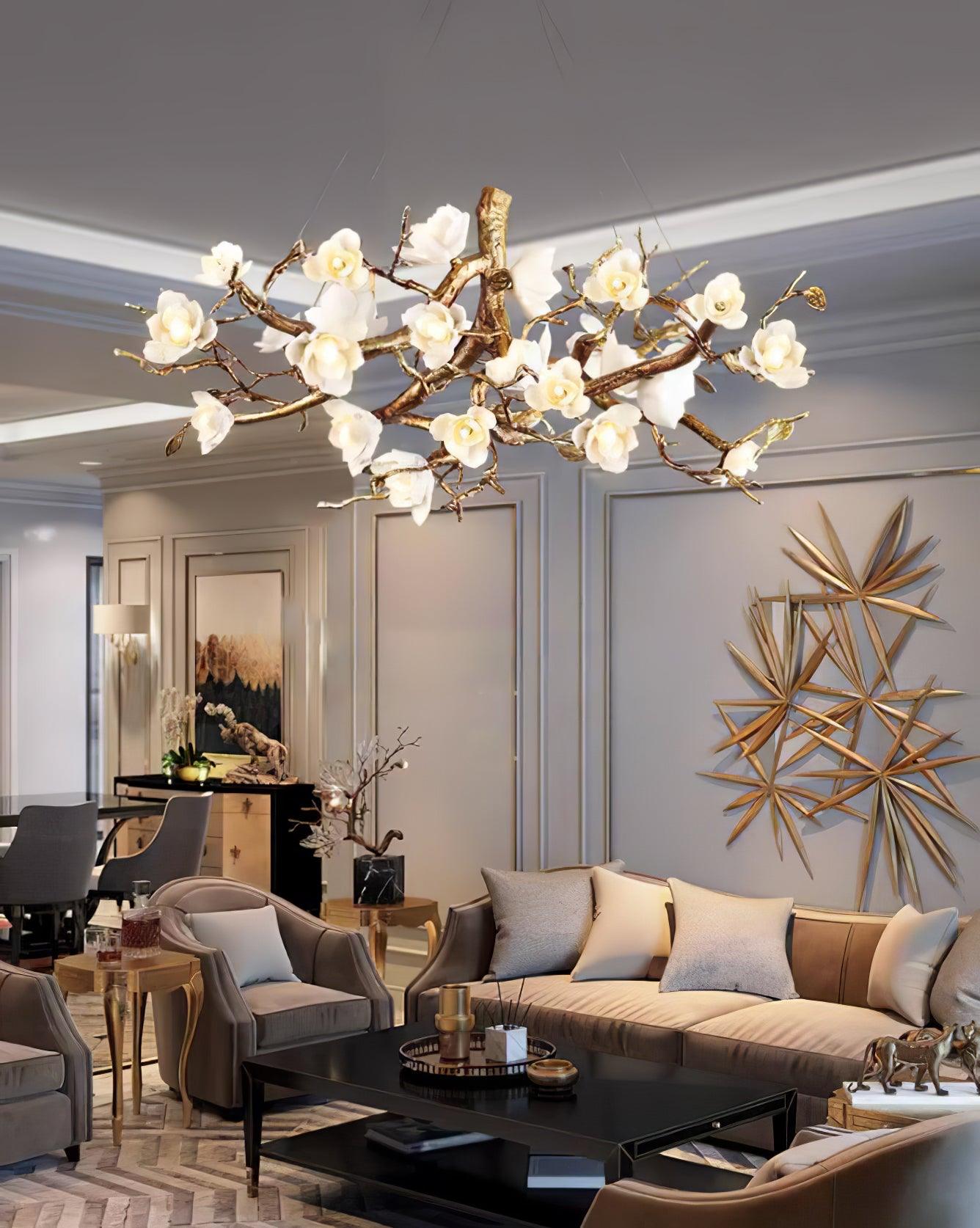 Tominex Postmodern Luxury Flower Bloom Branch Brass Ceramic Chandelier-Neutral Decor