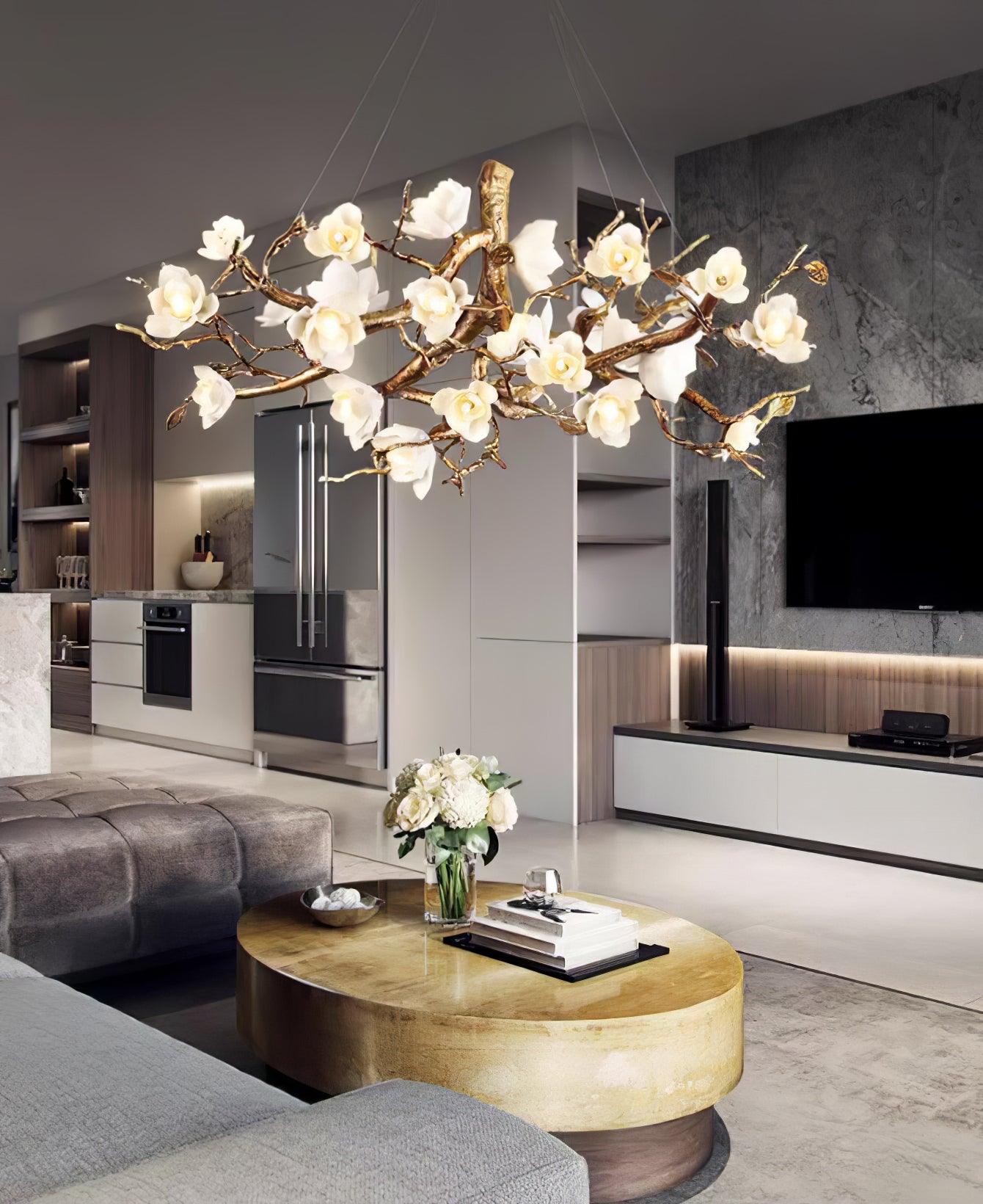 Tominex Postmodern Luxury Flower Bloom Branch Brass Ceramic Chandelier-Neutral Decor