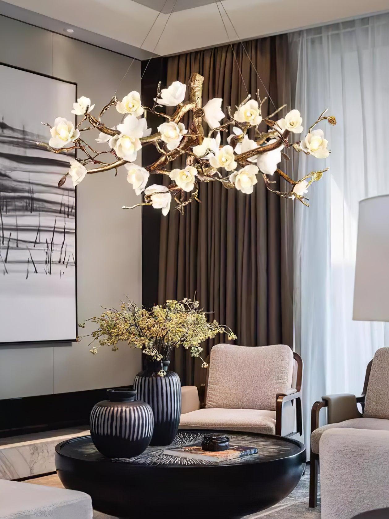 Tominex Postmodern Luxury Flower Bloom Branch Brass Ceramic Chandelier-Neutral Decor