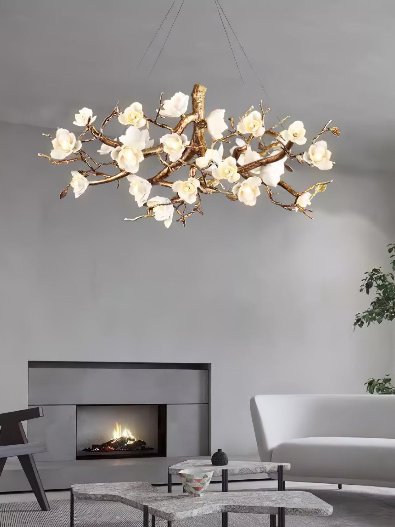 Tominex Postmodern Luxury Flower Bloom Branch Brass Ceramic Chandelier-Neutral Decor