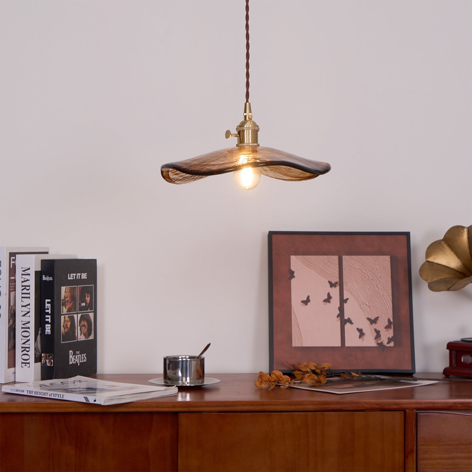 Hildes Art Flower Petal Swag Brass Glass Pendant Light-Neutral Decor