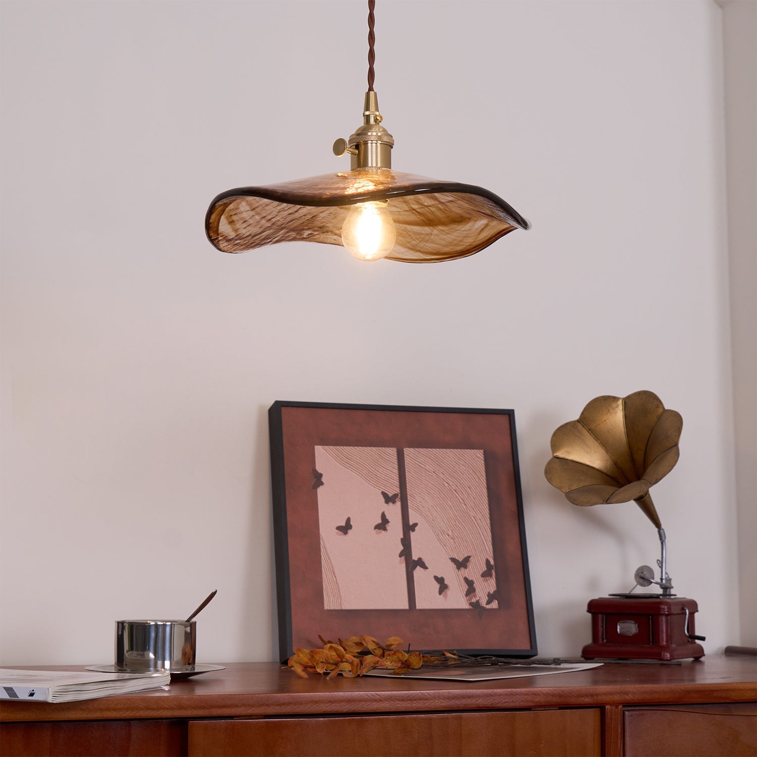 Hildes Art Flower Petal Swag Brass Glass Pendant Light-Neutral Decor