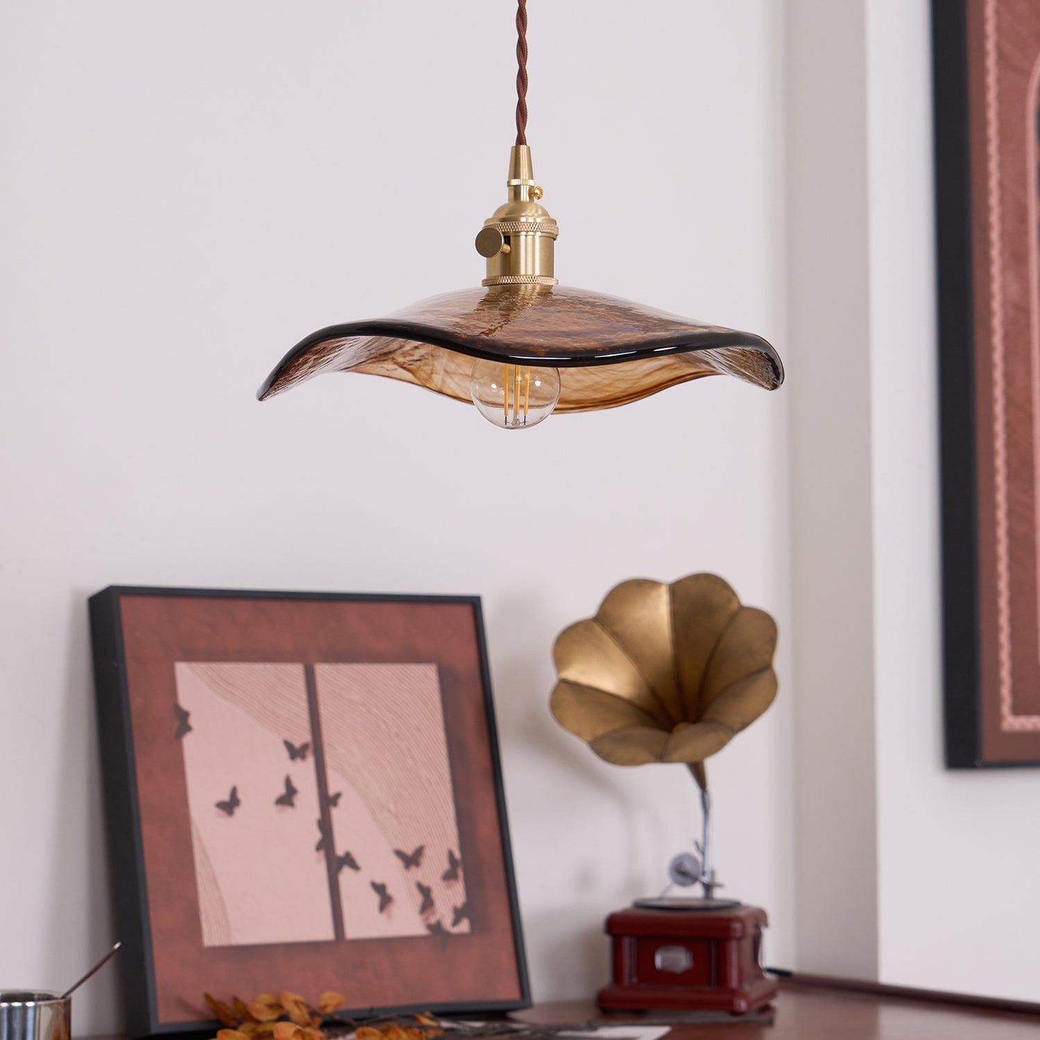 Hildes Art Flower Petal Swag Brass Glass Pendant Light-Neutral Decor