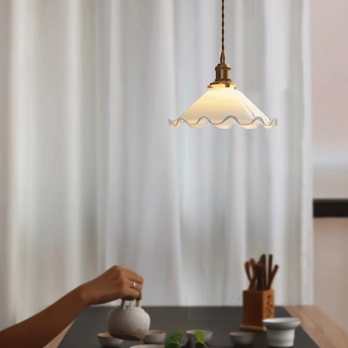 Questa Pendant Lamp Glass Wavy Shade Vintage Living Room-Neutral Decor
