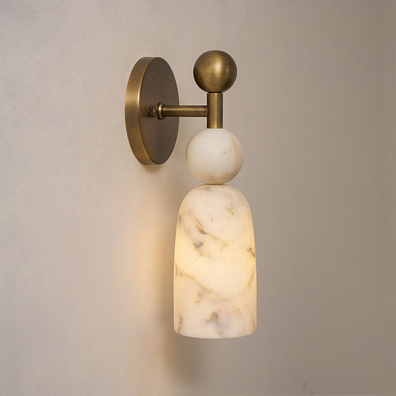 Close-up of the glowing alabaster bell shade, showing its natural veining.