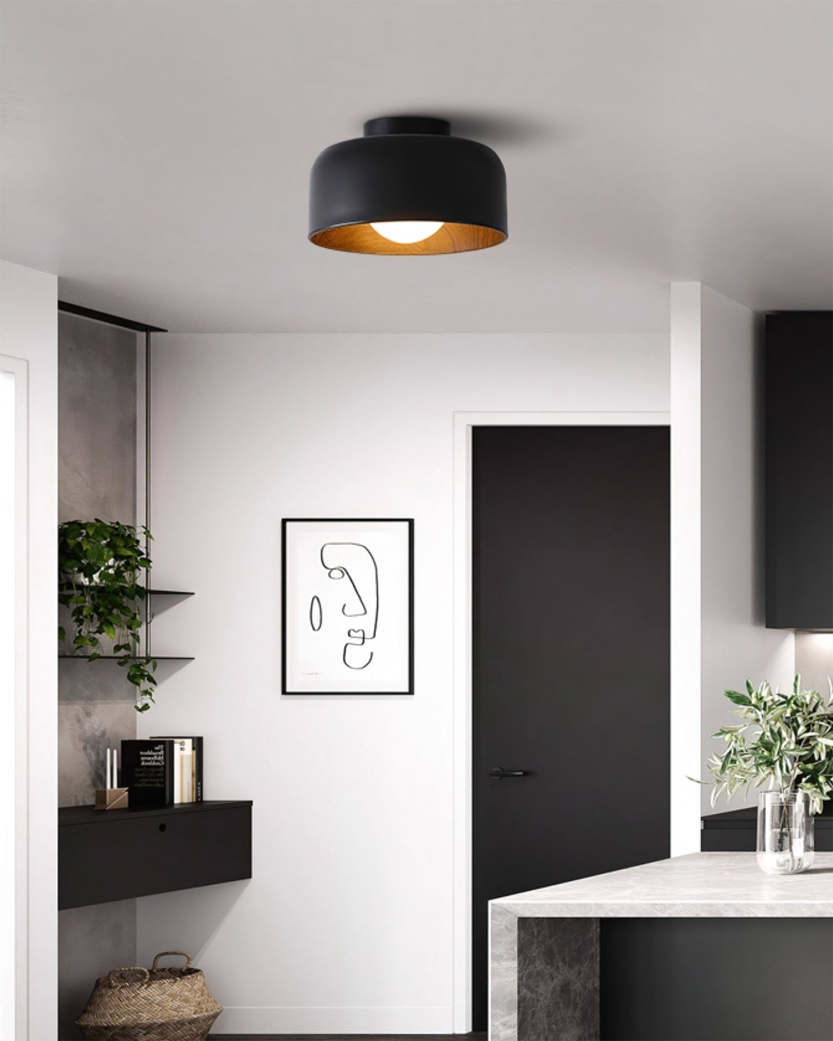 Folkio Ceiling Light in the walnut finish, showing its darker tone.
