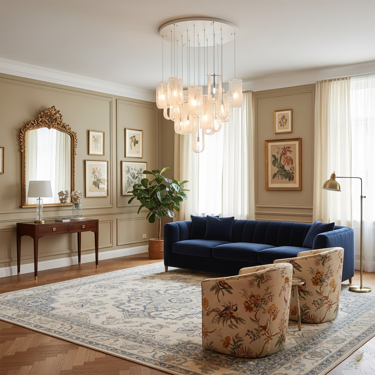 The 7-light version of the Fontaine Chandelier, ideal for smaller spaces.