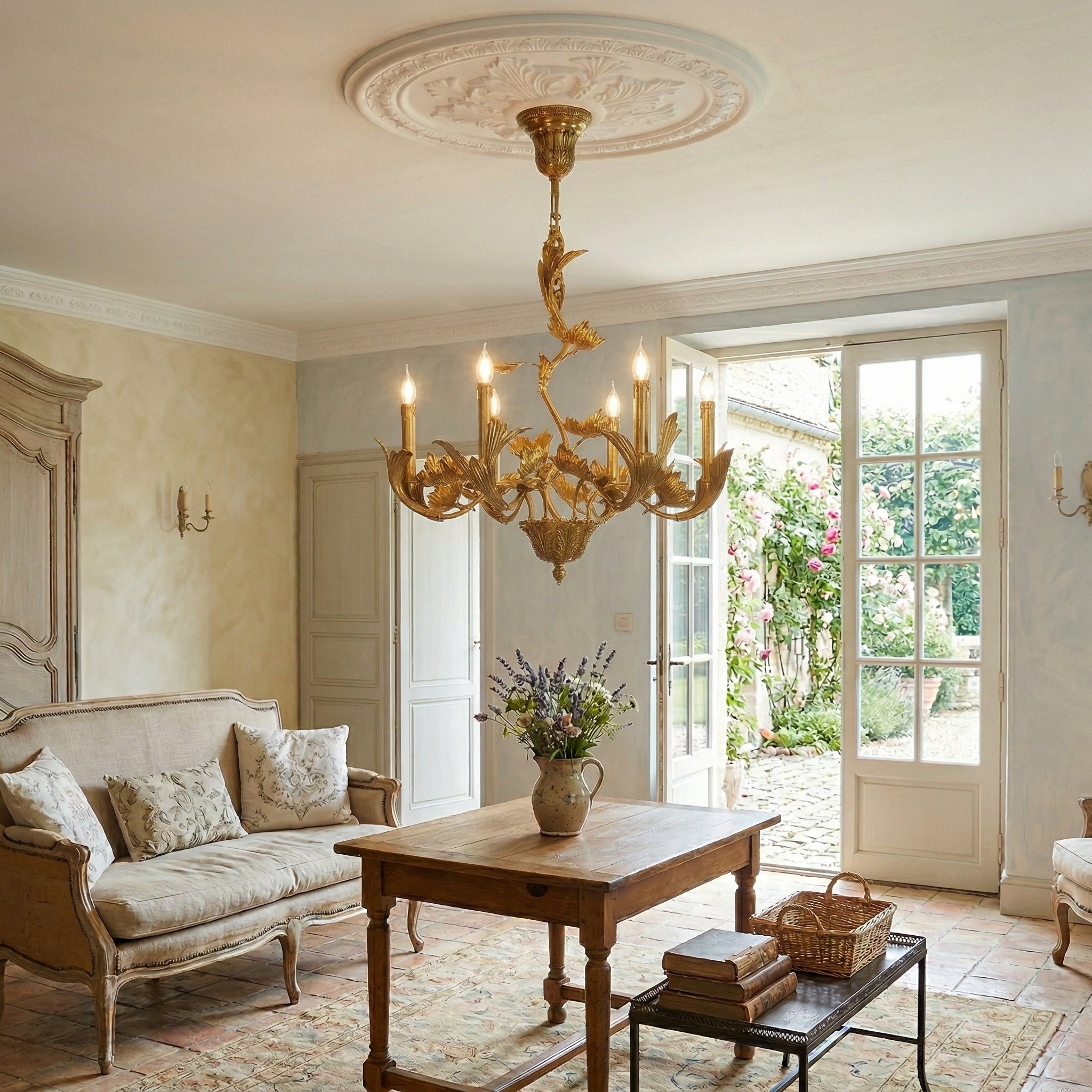 Borgia Chandelier illuminated, casting a warm and opulent glow.