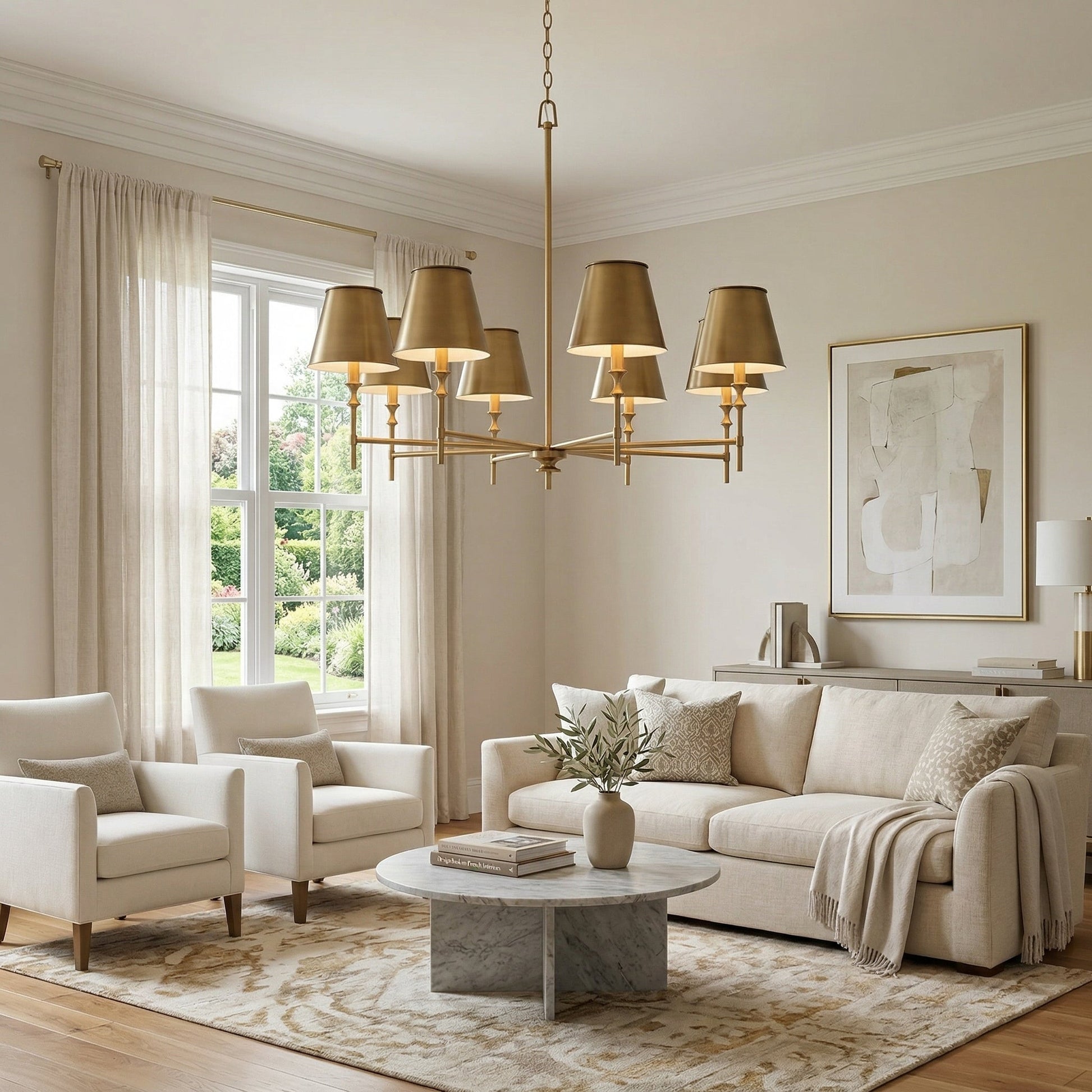 Detail view of a single white lampshade on the Whitney Chandelier.