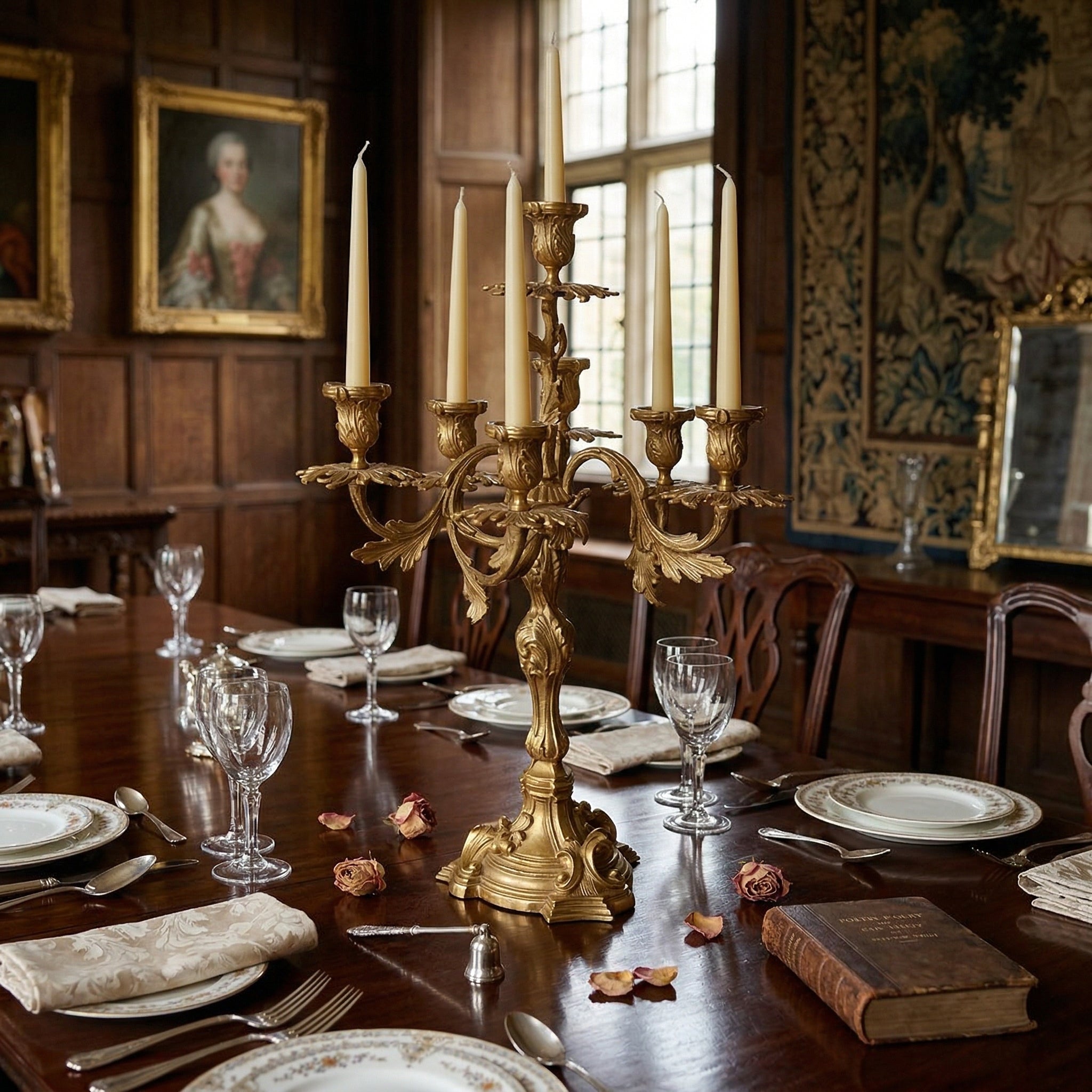 The candelabra viewed from an alternate angle to show its sculptural form.