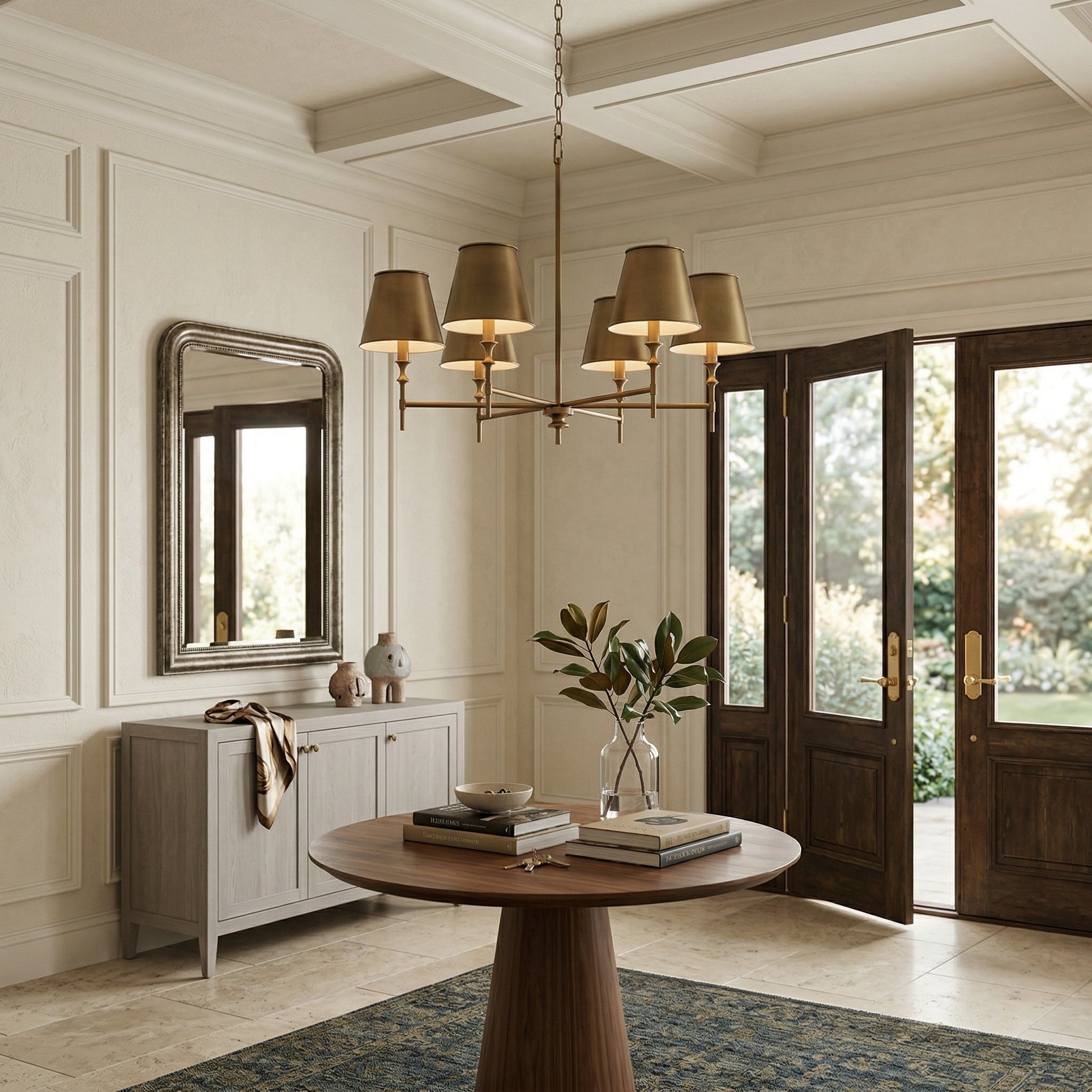 The 6-head version of the Whitney Brass Chandelier against a plain background.