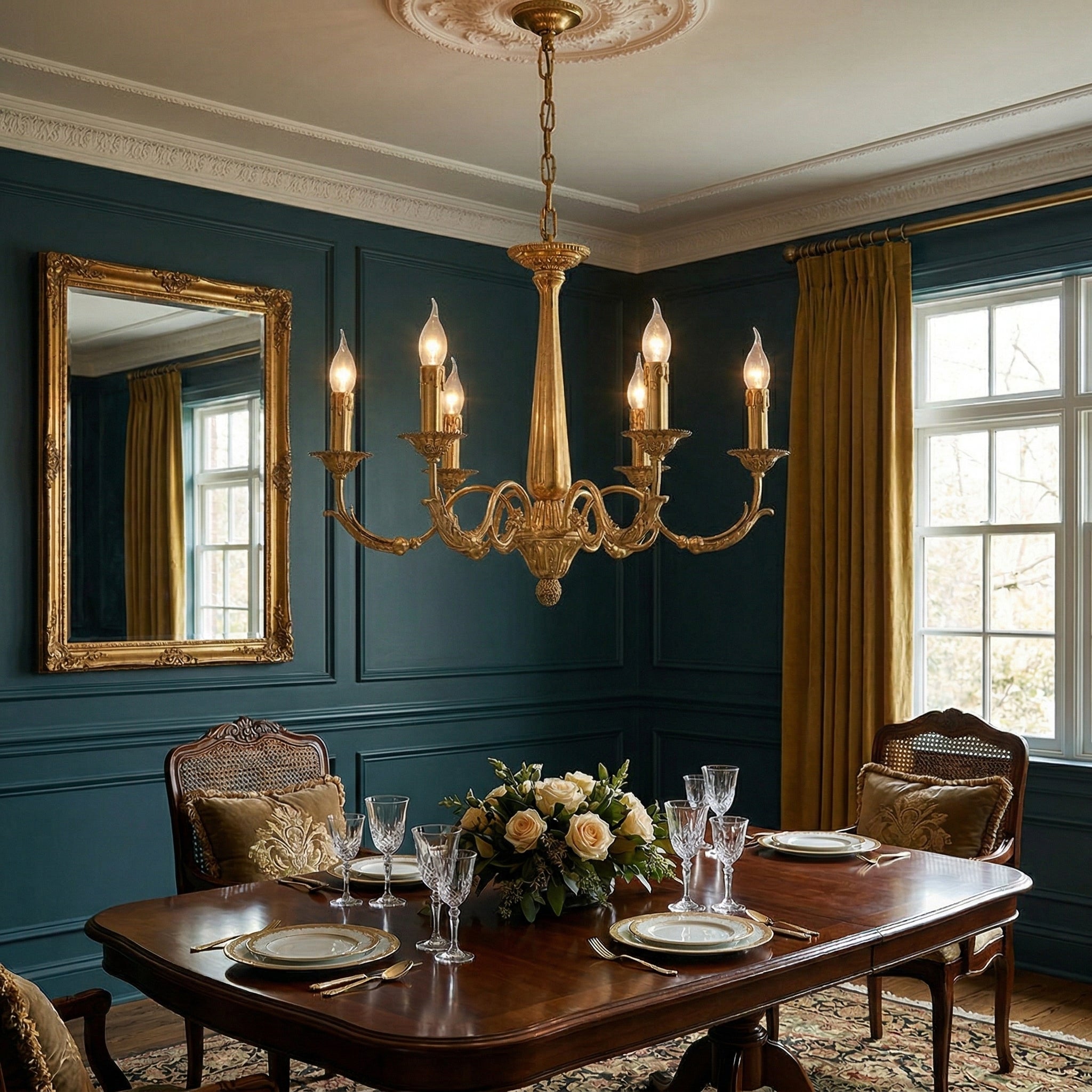 Detail shot of the high-quality brass body and arms of the chandelier.