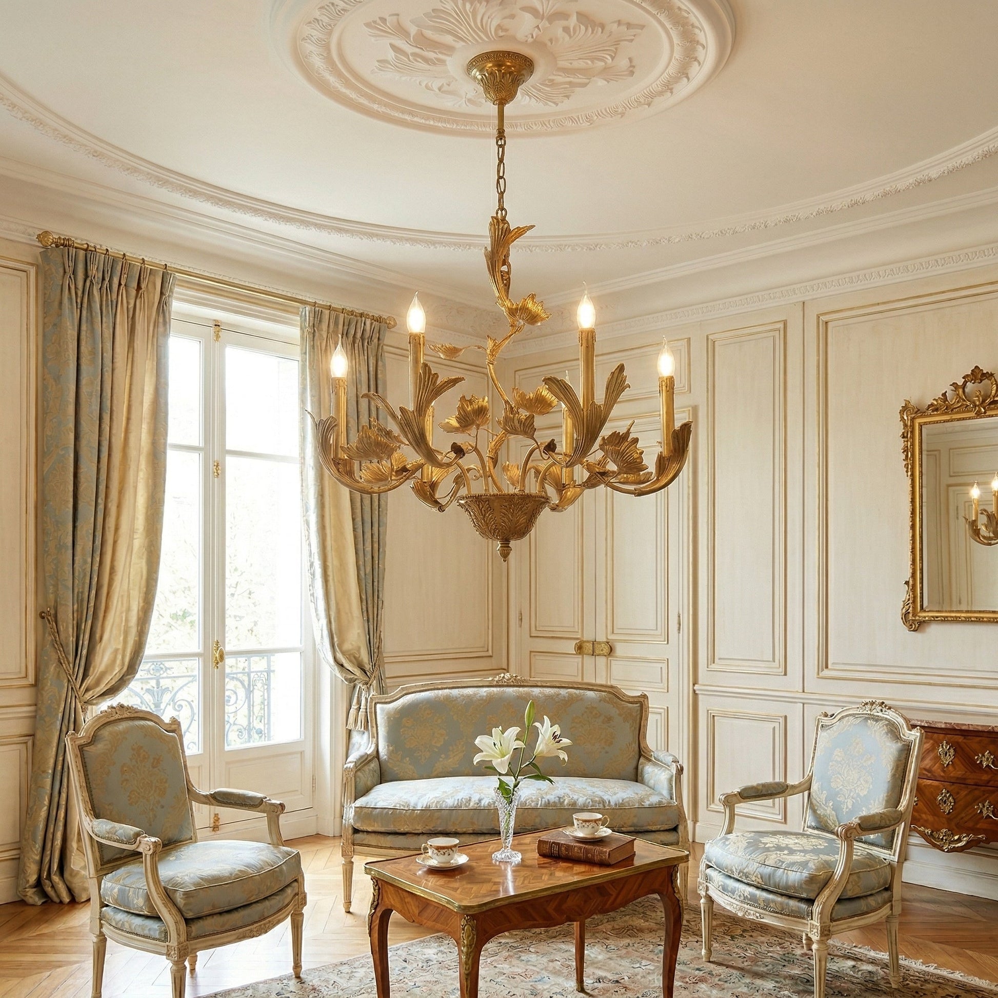 Top-down view of the Borgia Brass Chandelier, showing its circular form.